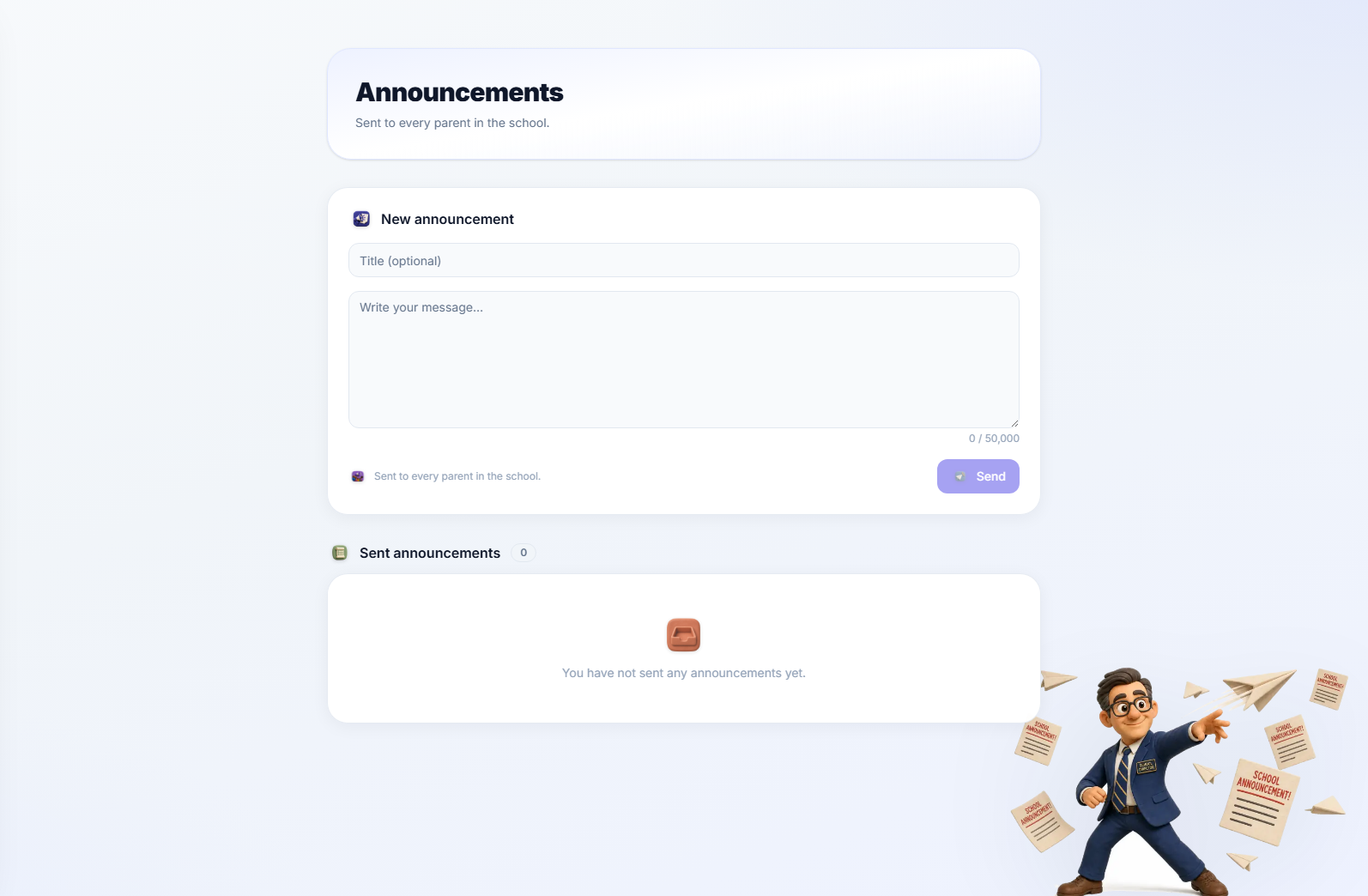 The New announcement compose panel: an optional Title field above a message textarea with a live 0 / 50,000 character counter, and a Send button below.
