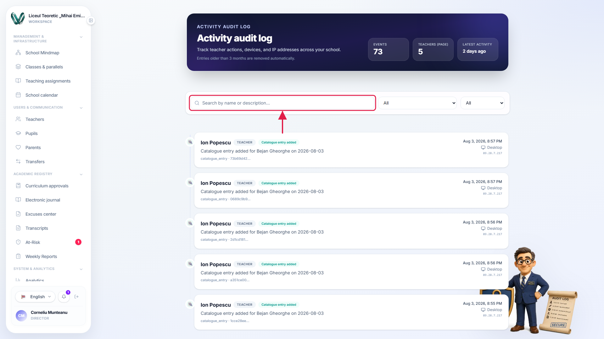 Activity log with the search-by-name-or-description field highlighted above the event timeline