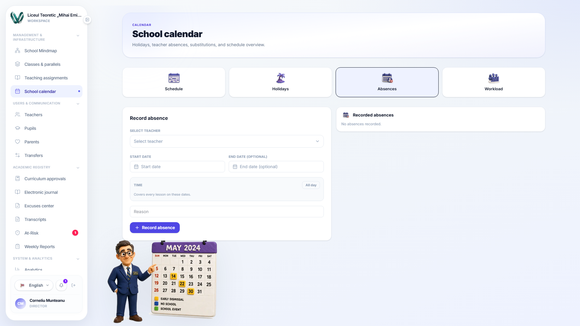The Absences tab's Record absence form — teacher picker, start and end date, an All day time toggle, and a reason field — next to an empty Recorded absences list