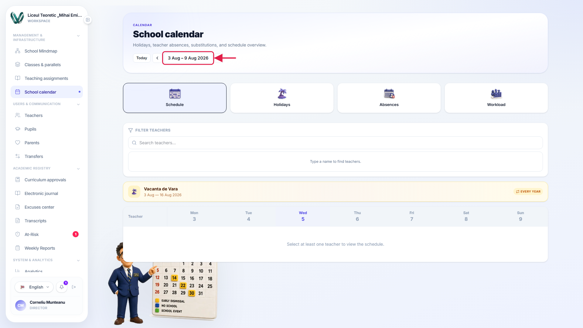The Schedule tab's week toolbar, with the current date range control highlighted — clicking it opens a month picker to jump to any week