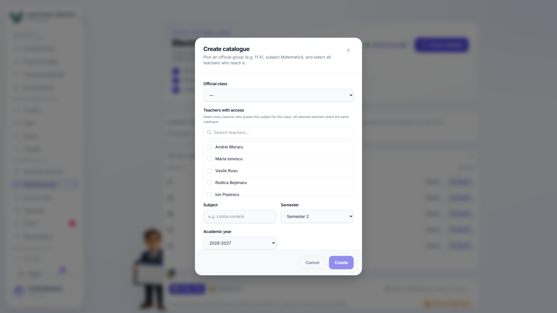 Create catalog modal with an official class dropdown, a searchable checklist of teachers with access, a subject name field, and semester and academic-year dropdowns