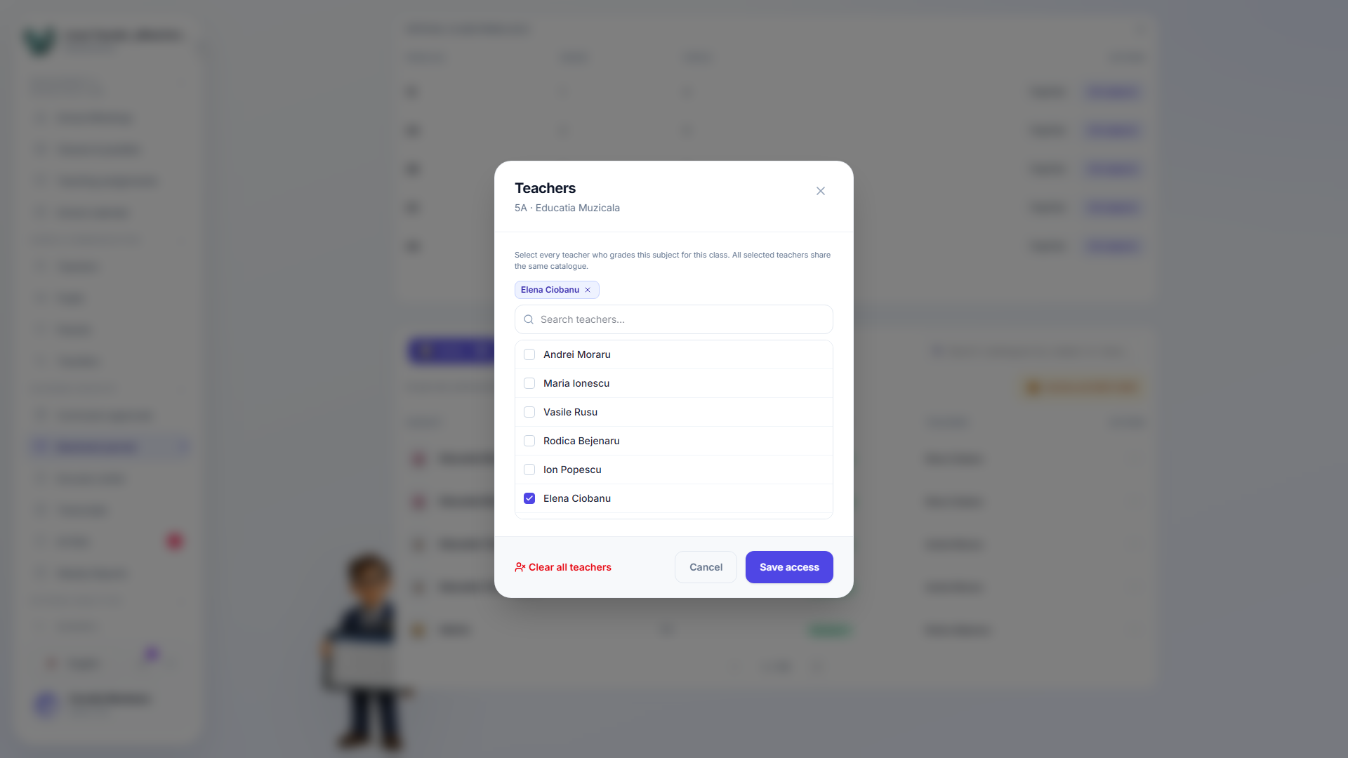 Teachers modal for 5A Educatia Muzicala with Elena Ciobanu selected from a checklist of teachers, and Clear all teachers, Cancel and Save access buttons