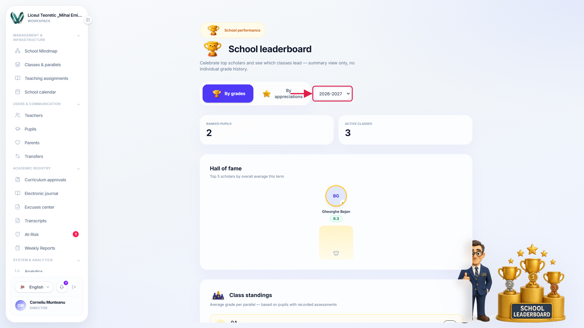 The Leaderboard's By grades tab with a callout arrow pointing at the academic-year dropdown next to the two ranking-mode buttons.