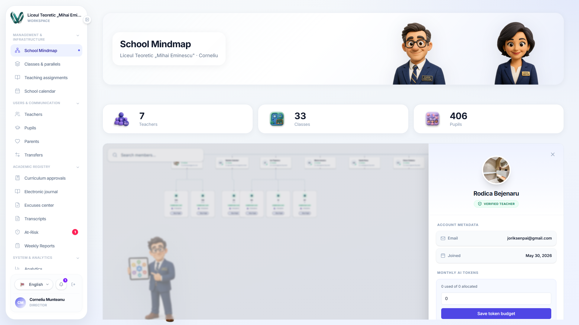The teacher detail side panel — name, verified badge, account metadata, and the monthly AI token allocation with a Save budget button