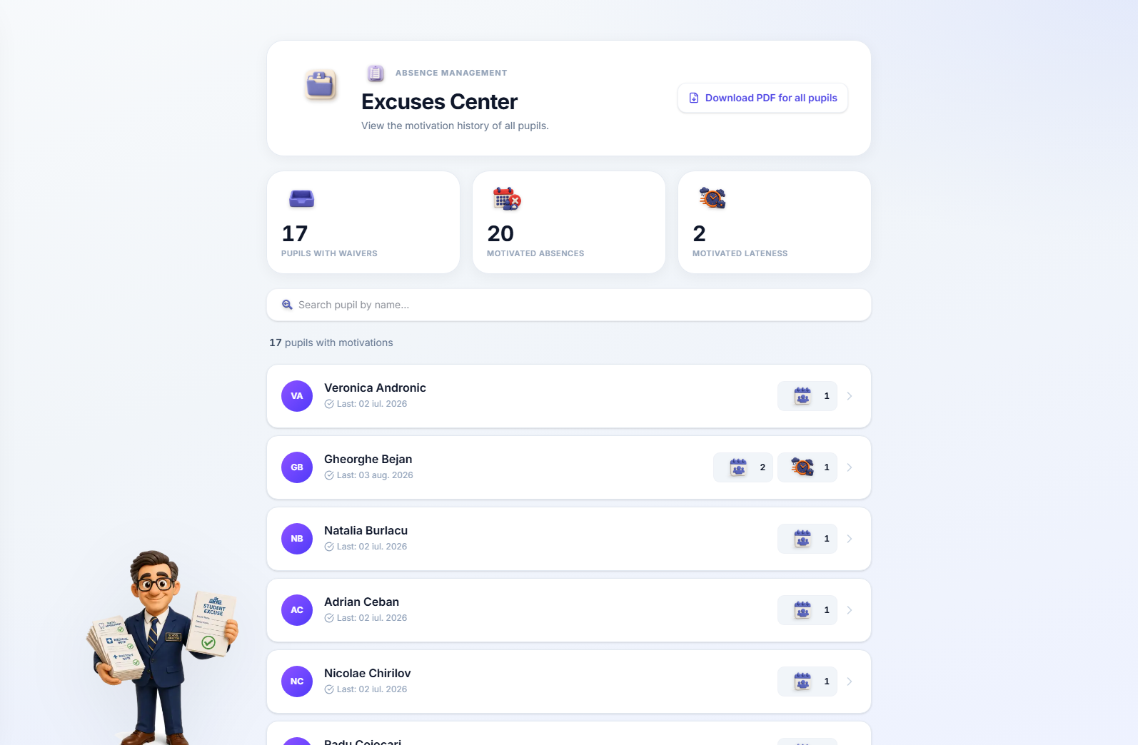 Excuses Center overview with cards reading 17 pupils with waivers, 20 motivated absences and 2 motivated lateness, a search field, and a list of pupils each with a waiver count