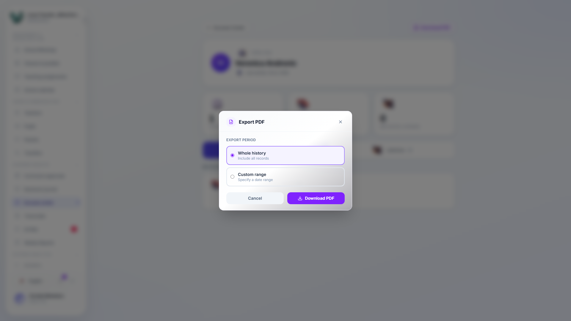 Export PDF modal with two export-period options, Whole history selected and Custom range unselected, and Cancel and Download PDF buttons