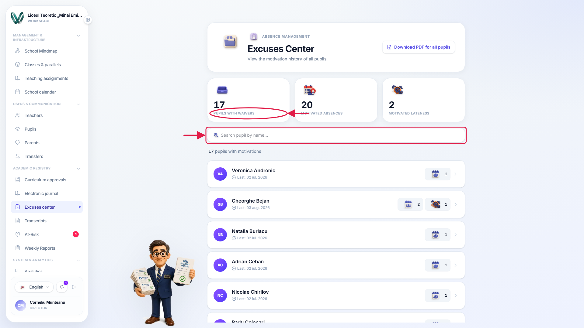 Excuses Center with the pupils-with-waivers count and the search-pupil-by-name field highlighted