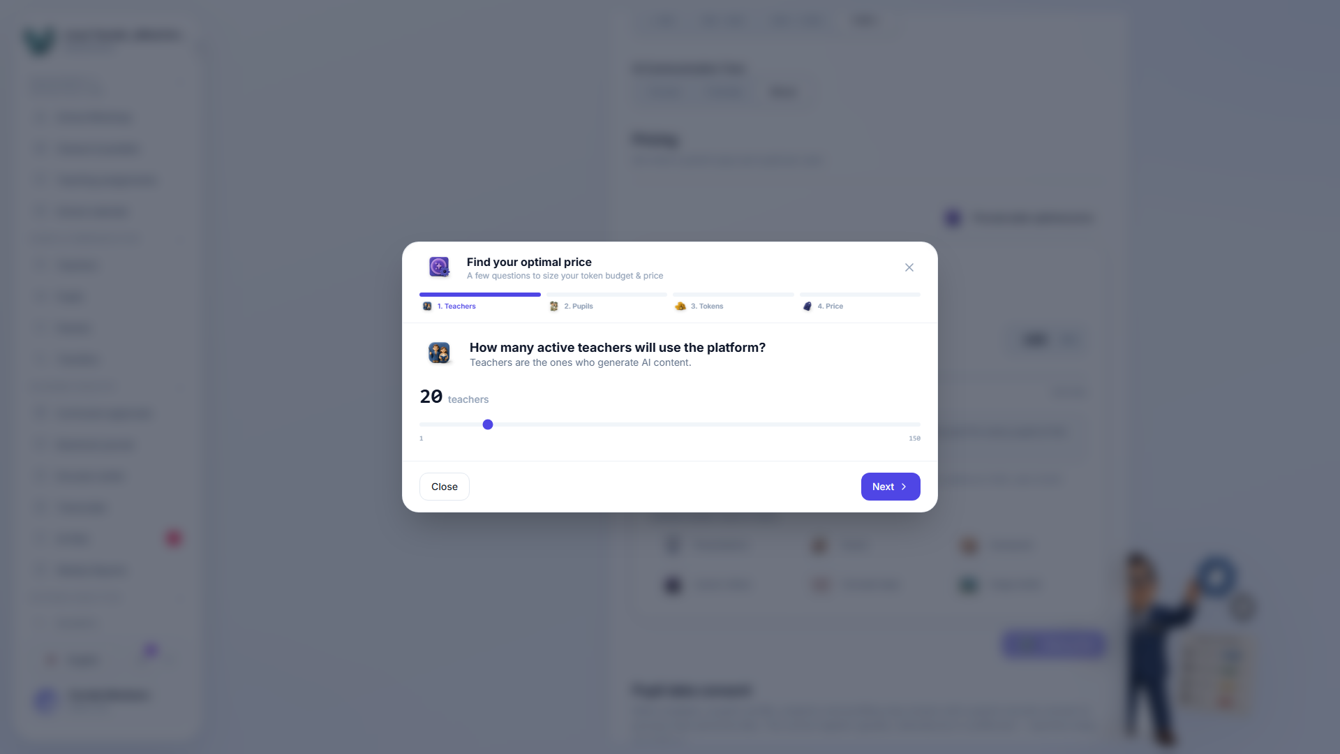 Precalculate wizard step 1 — a slider asking how many active teachers will use the platform