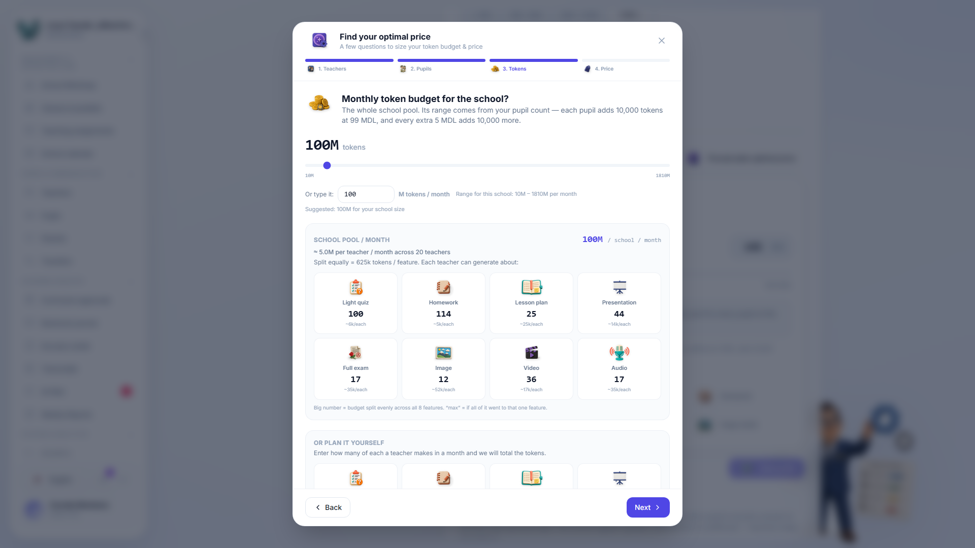 Precalculate wizard step 3 — the monthly token budget slider, a numeric millions-of-tokens field, and a per-feature breakdown of roughly how many quizzes, lesson plans, exams, images, videos and audio clips that budget buys