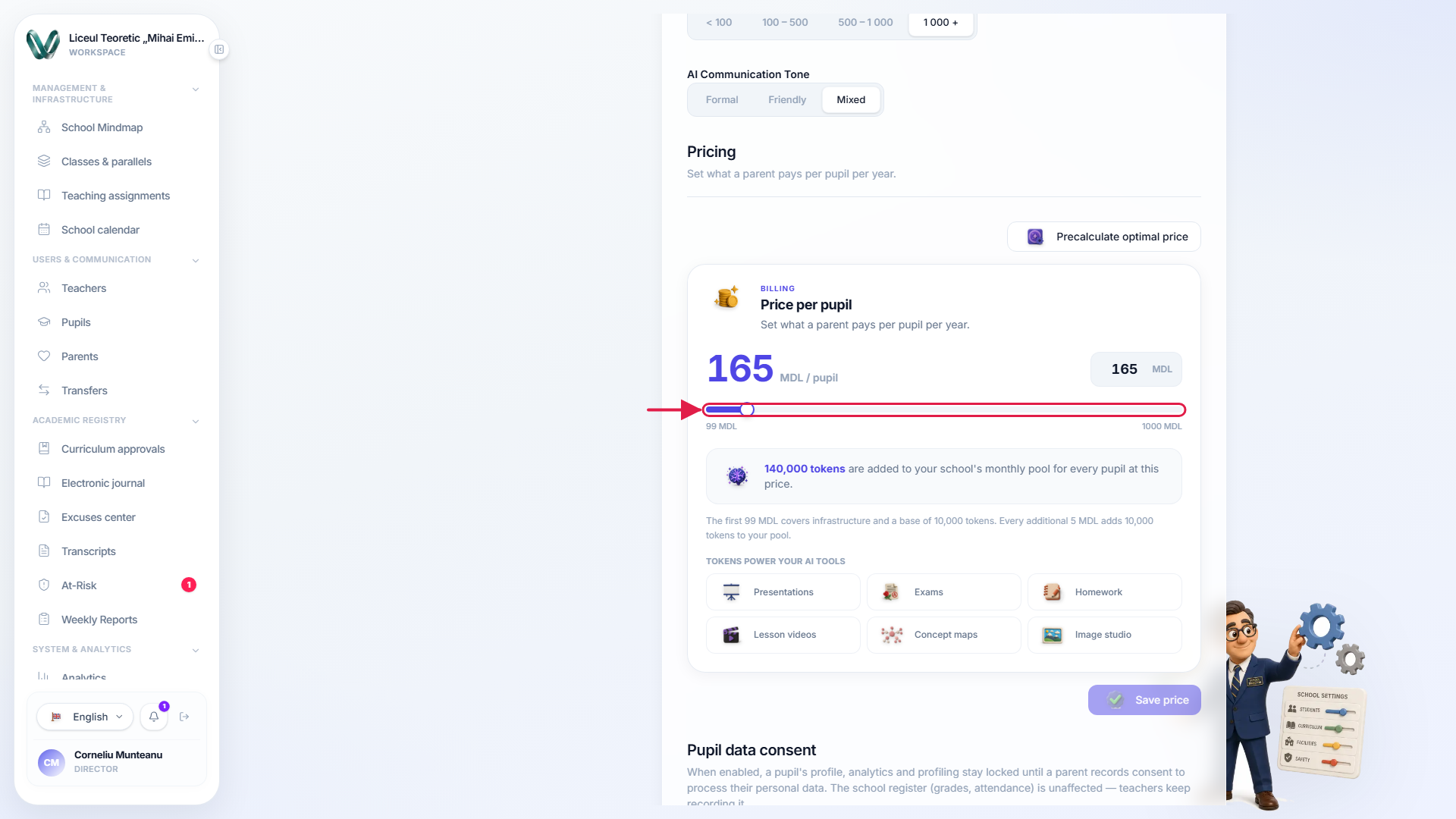 The price-per-pupil card showing 165 MDL, a slider from 99 to 1000 MDL, the resulting 140,000 tokens per pupil, and the AI features it draws on