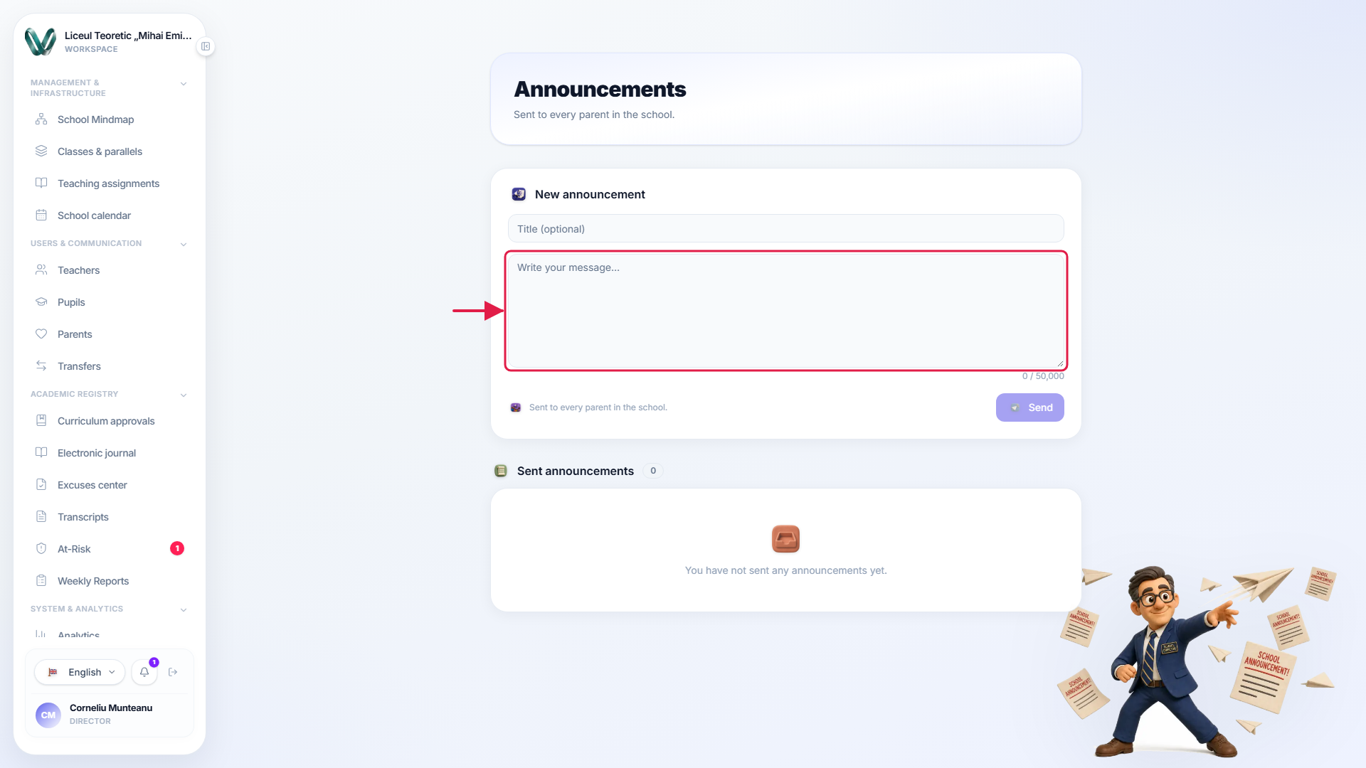 The announcement composer with the message field marked