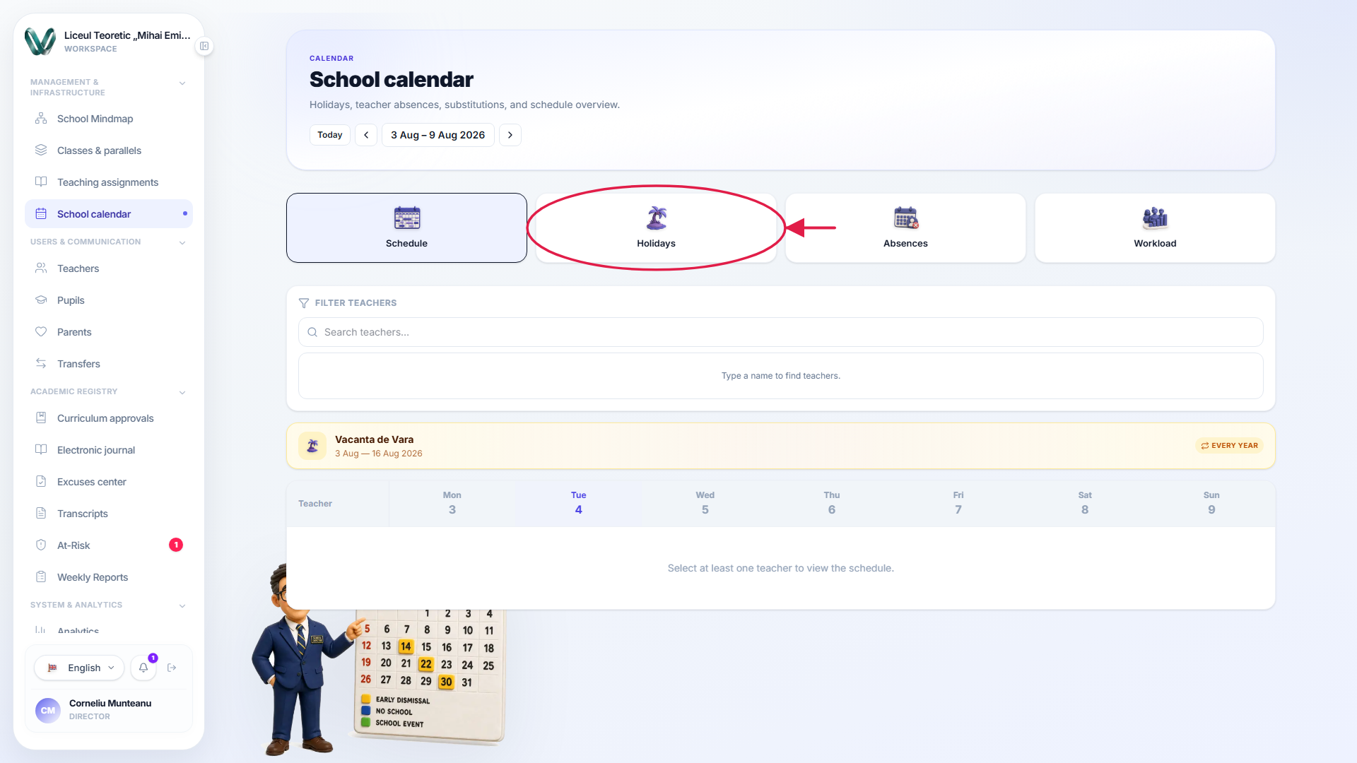 The director calendar with the holidays section marked
