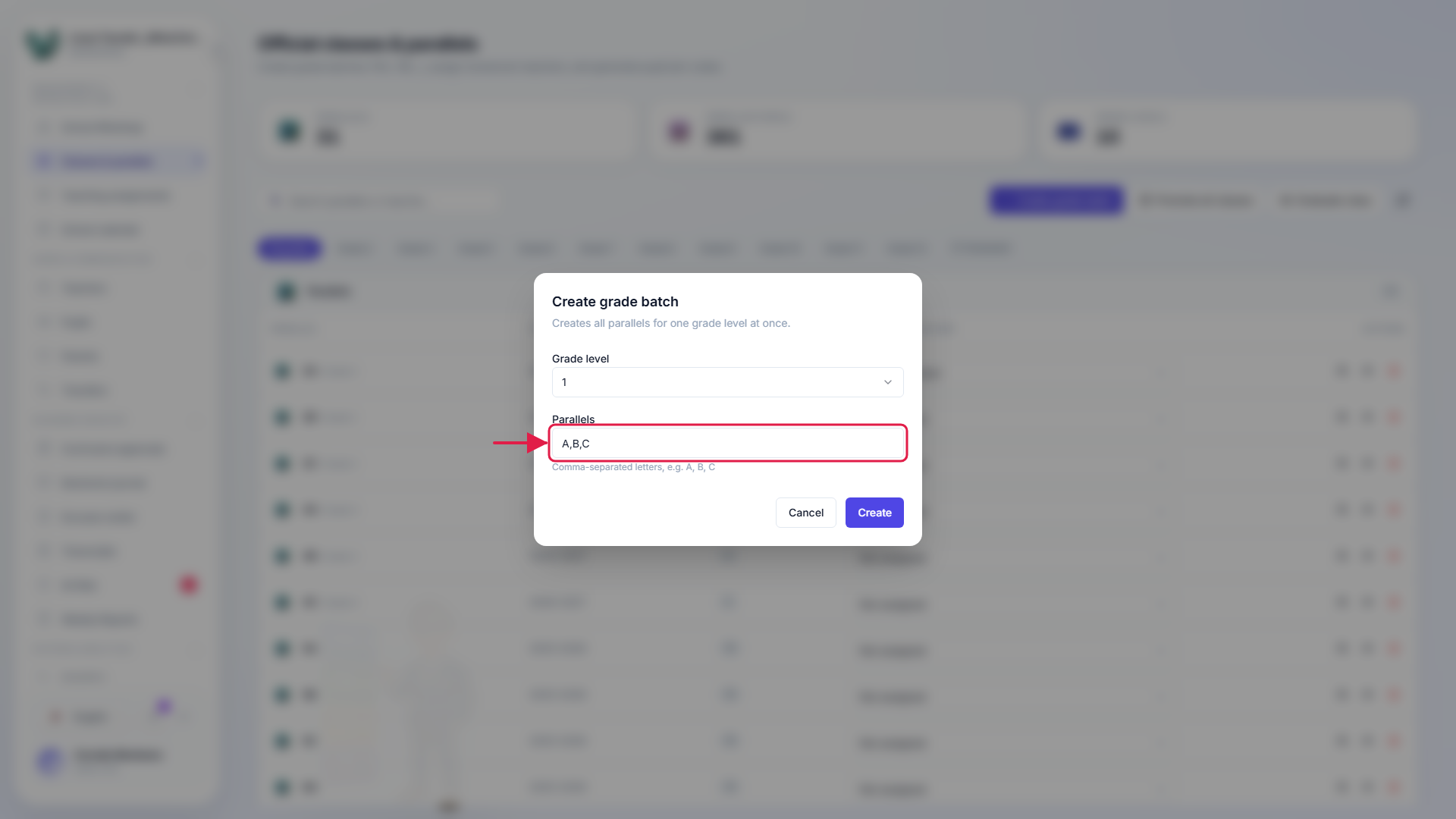 The class creation form showing the grade selector and parallel field