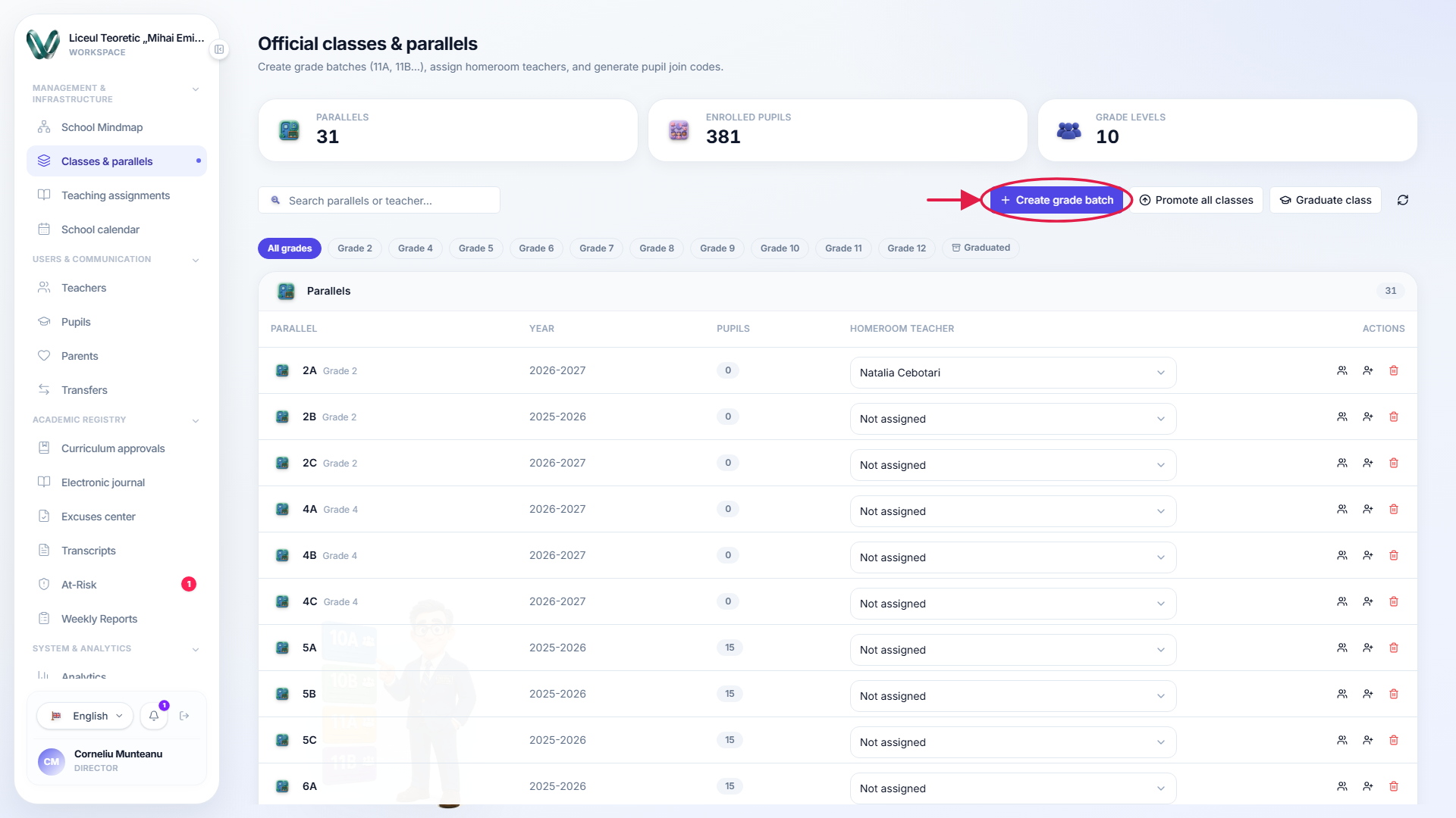 The classes page with the create control marked