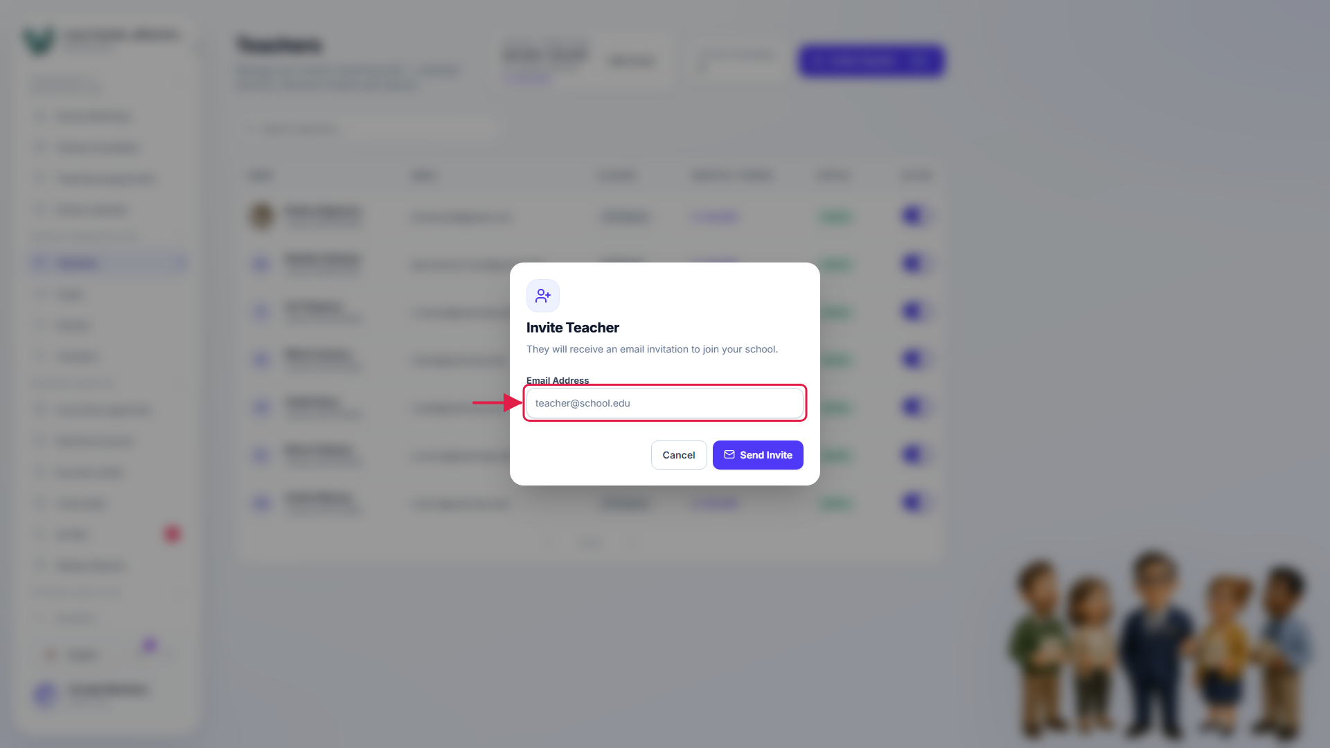 The teacher invitation form with the email field marked