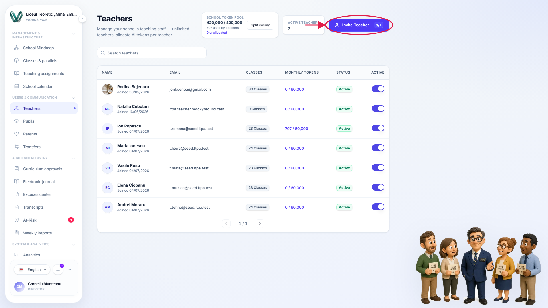 The teachers page with the invite control marked