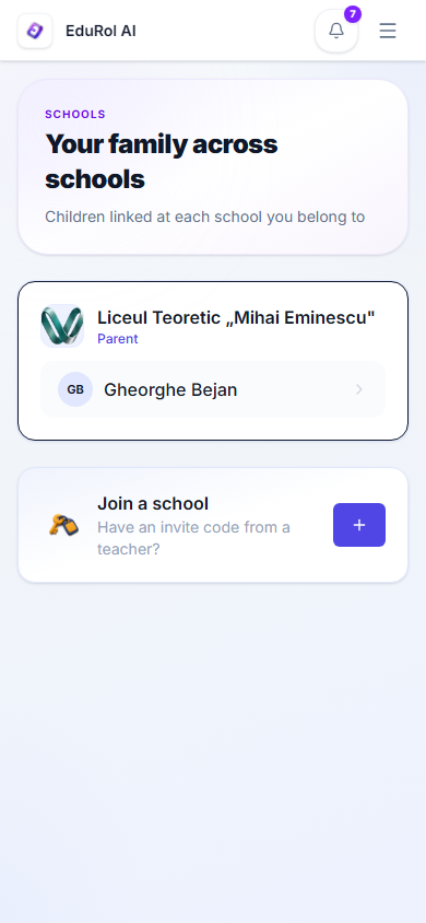 The family page on a phone, listing every school