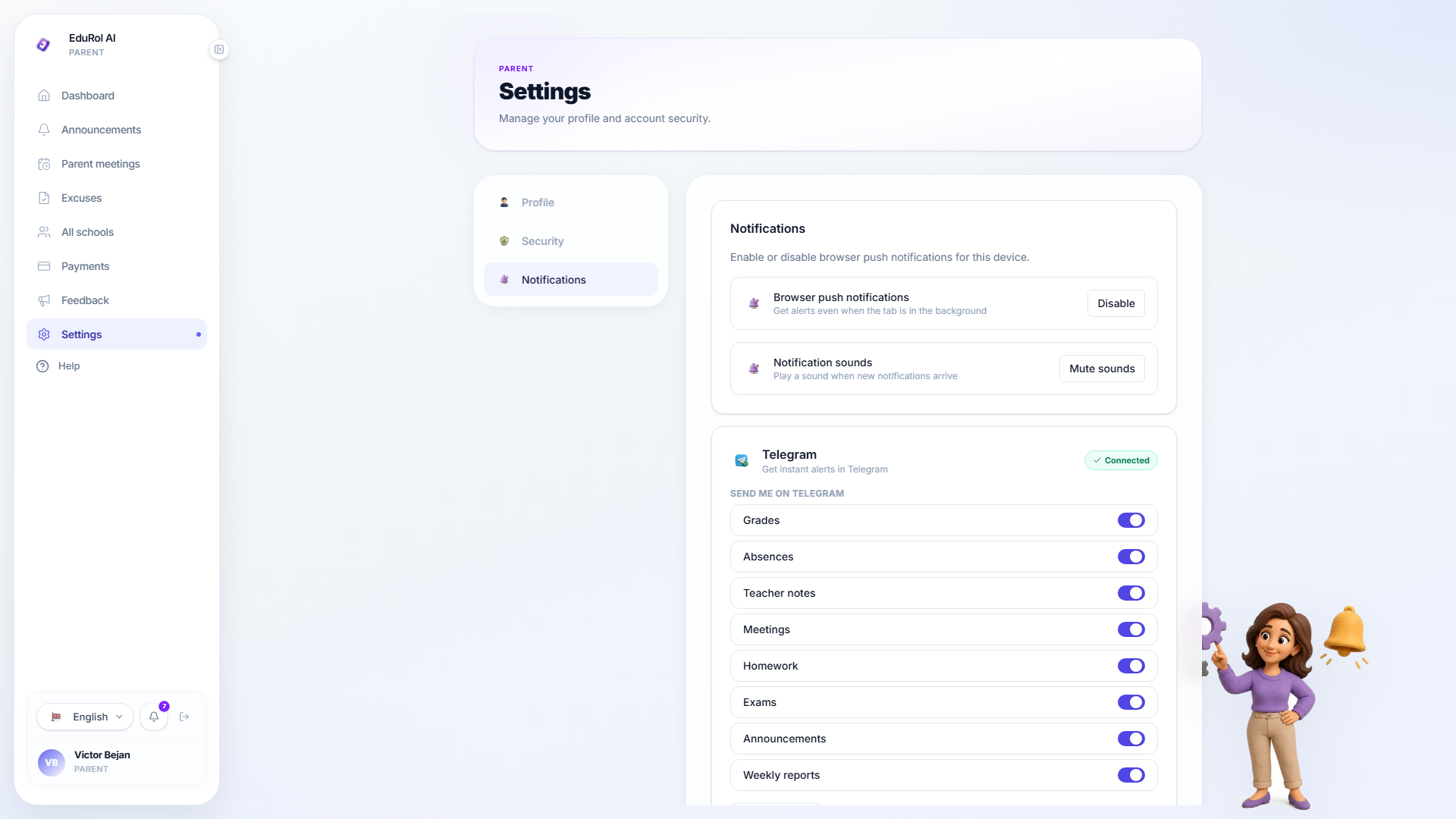 The Telegram section of parent settings