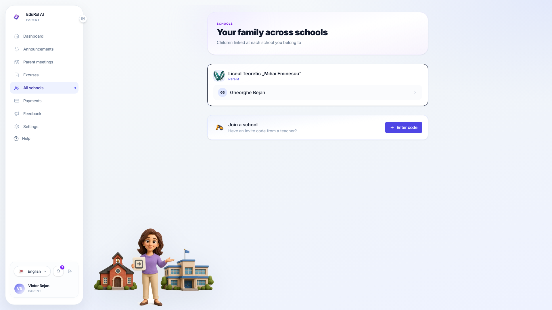 The join-a-school card on the family page