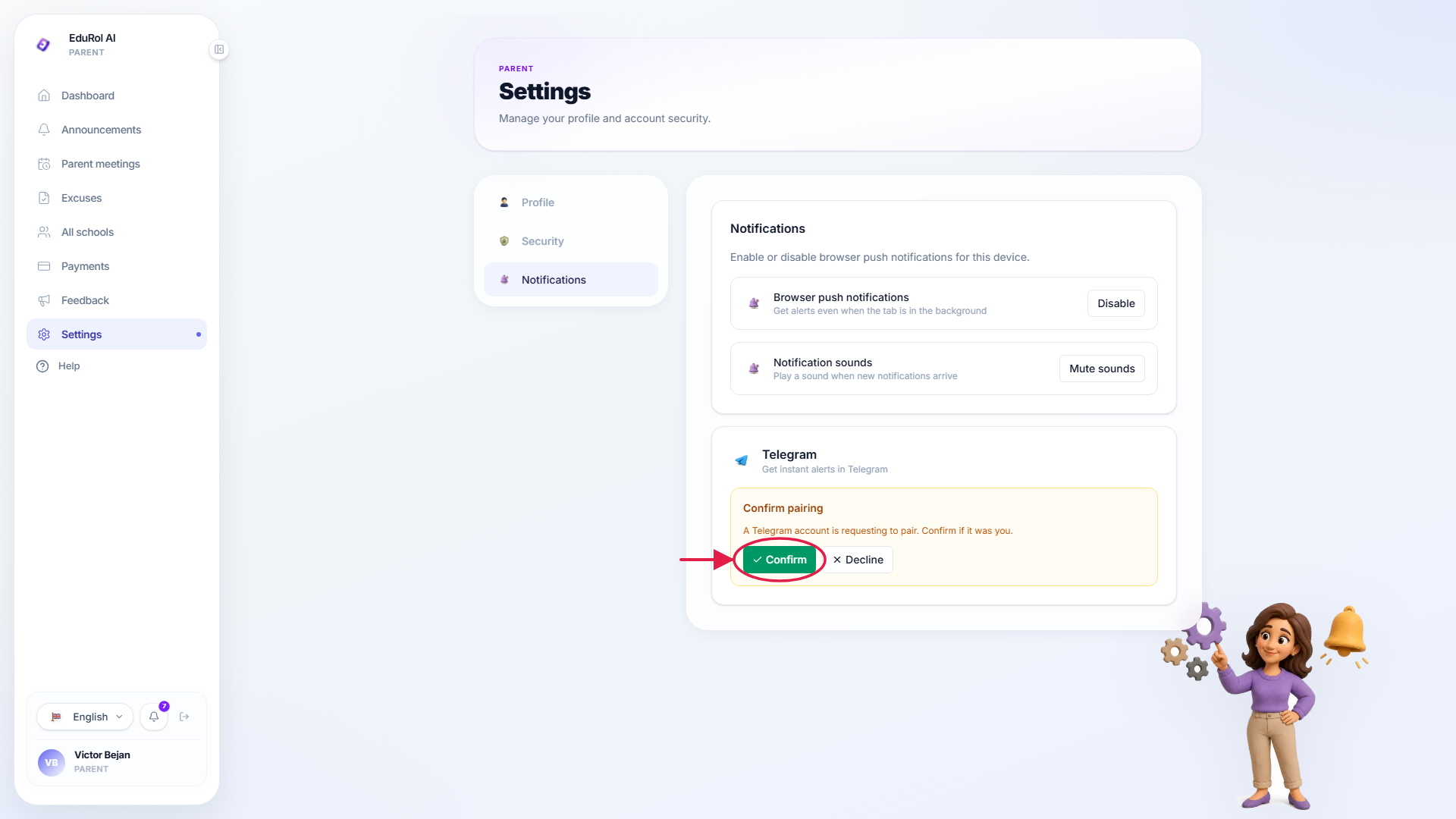 The in-app confirmation step for a pending Telegram connection