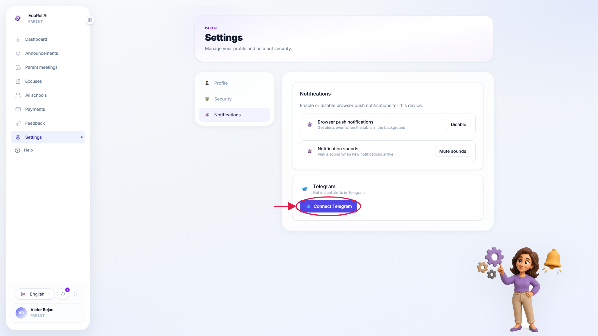 The notifications settings page with the Telegram section marked