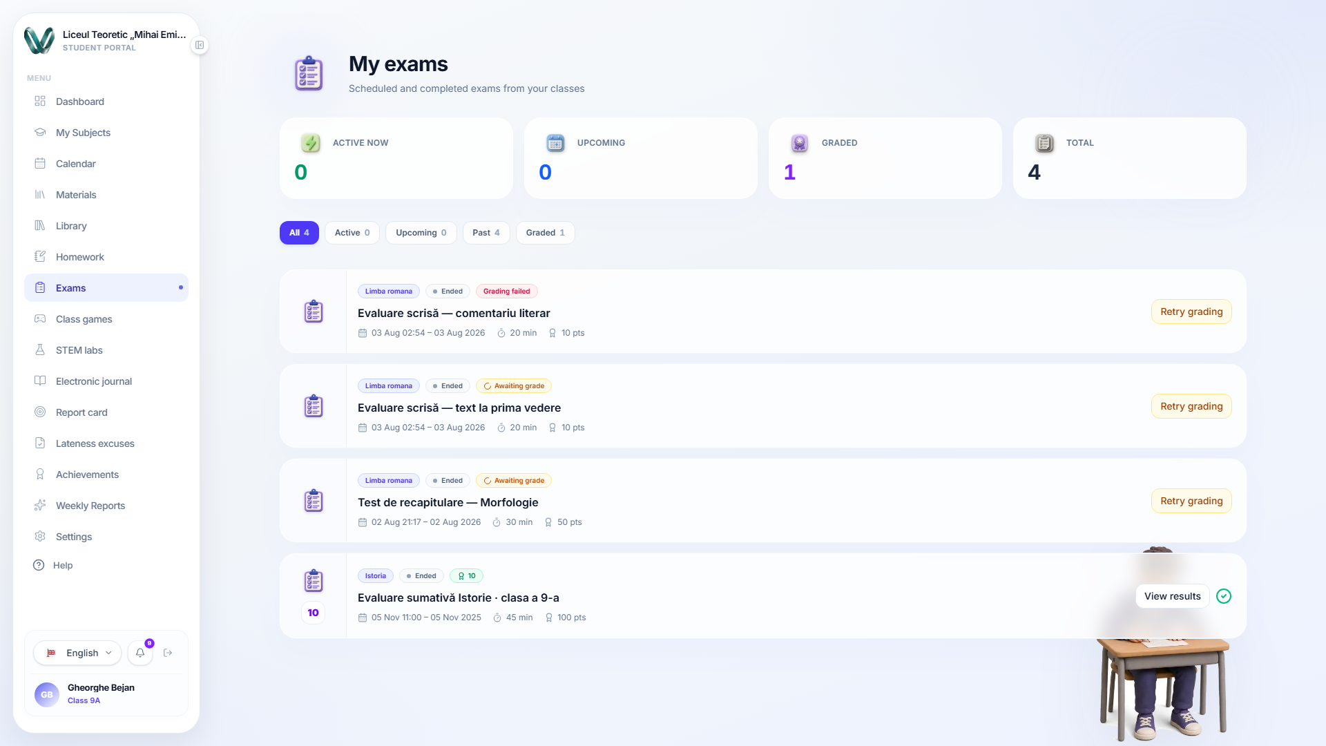 The Exams page — the exams assigned to you and their state