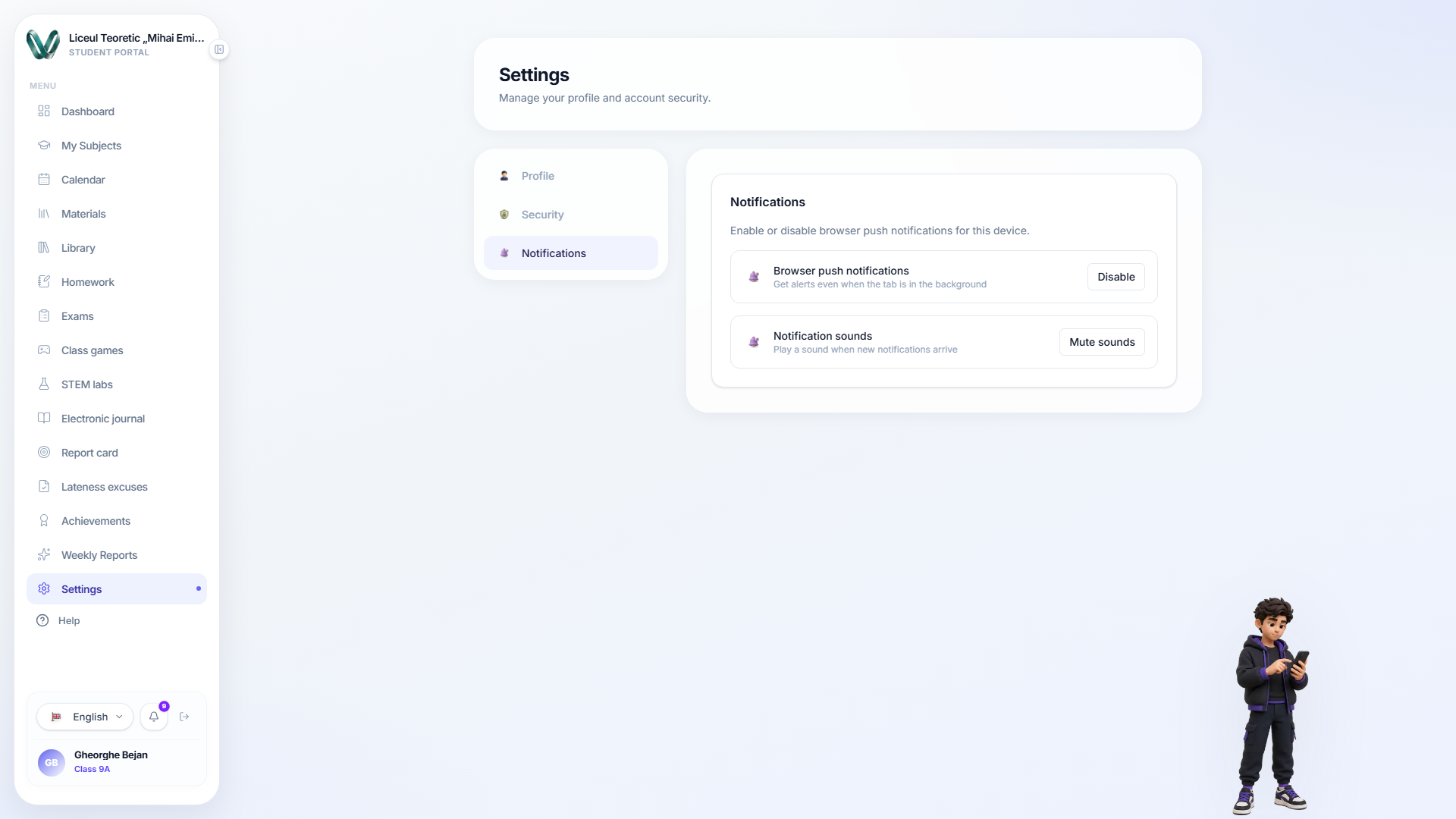 The pupil notification settings, one switch per category