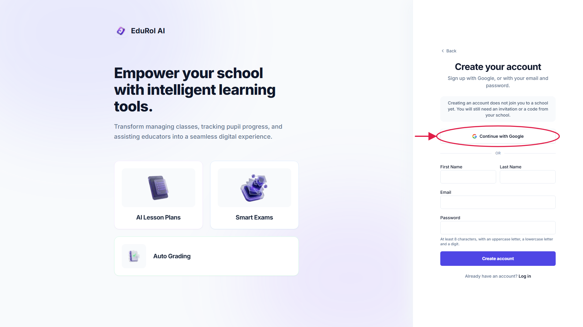 The pupil sign-in step showing the Google button
