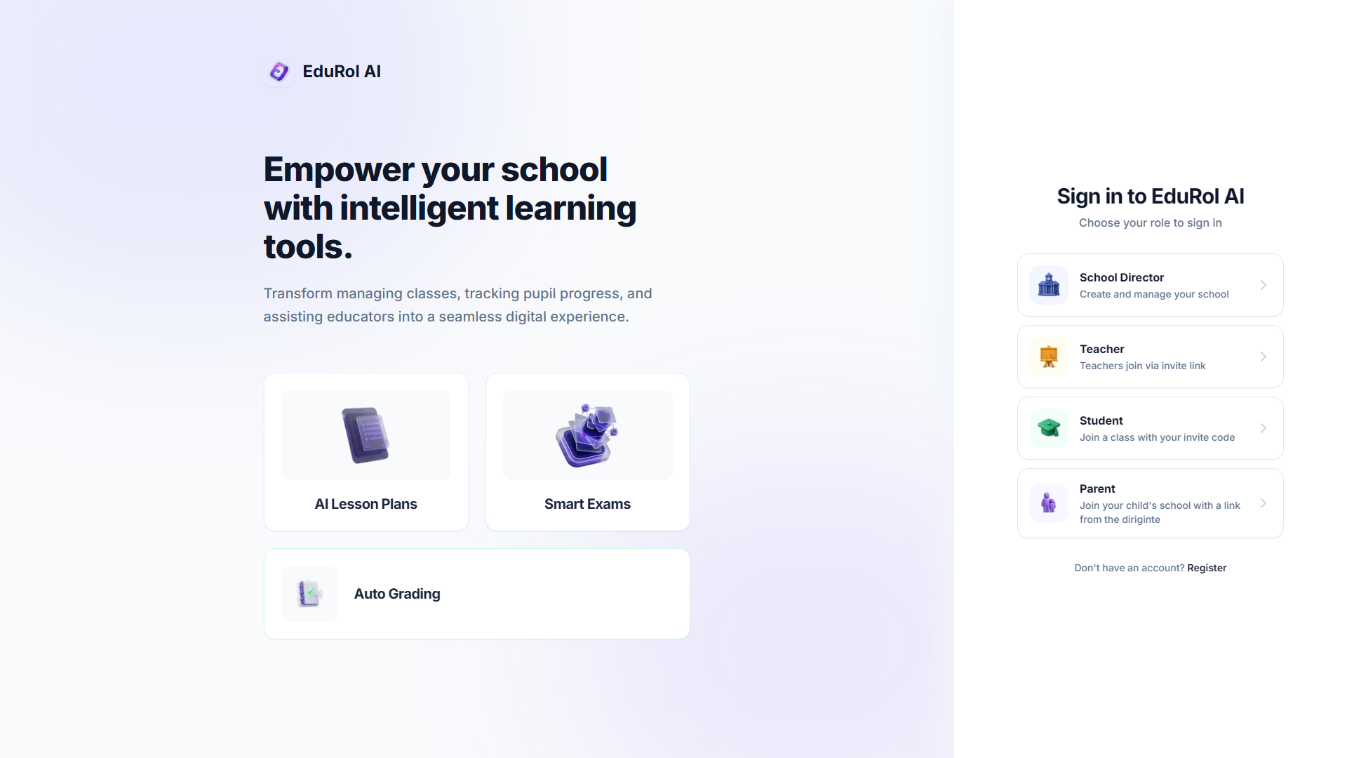 The sign-in screen showing four role cards: director, teacher, pupil and parent