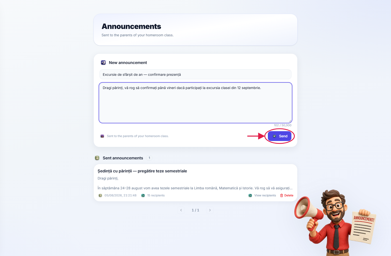 A written announcement with the send button highlighted