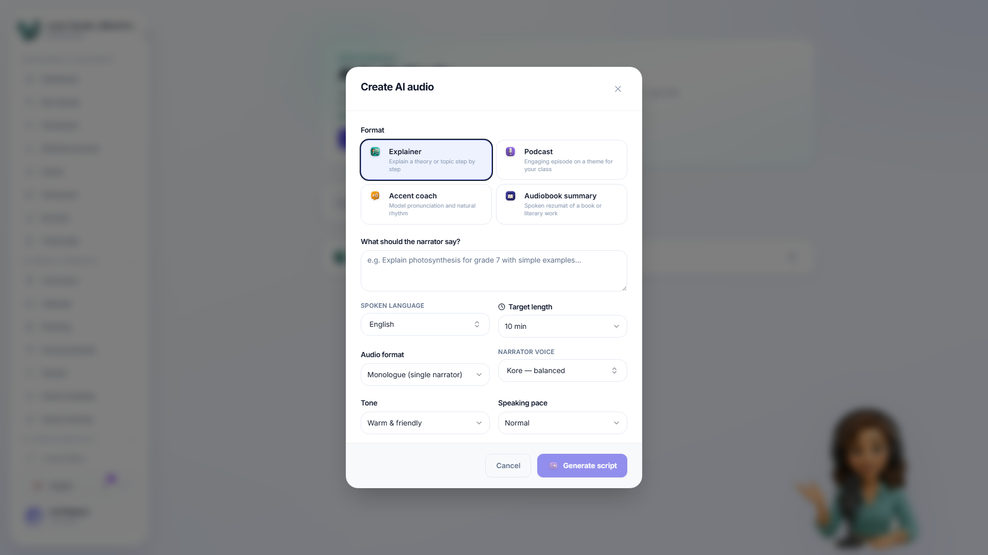 The new-audio dialog with the audio type options