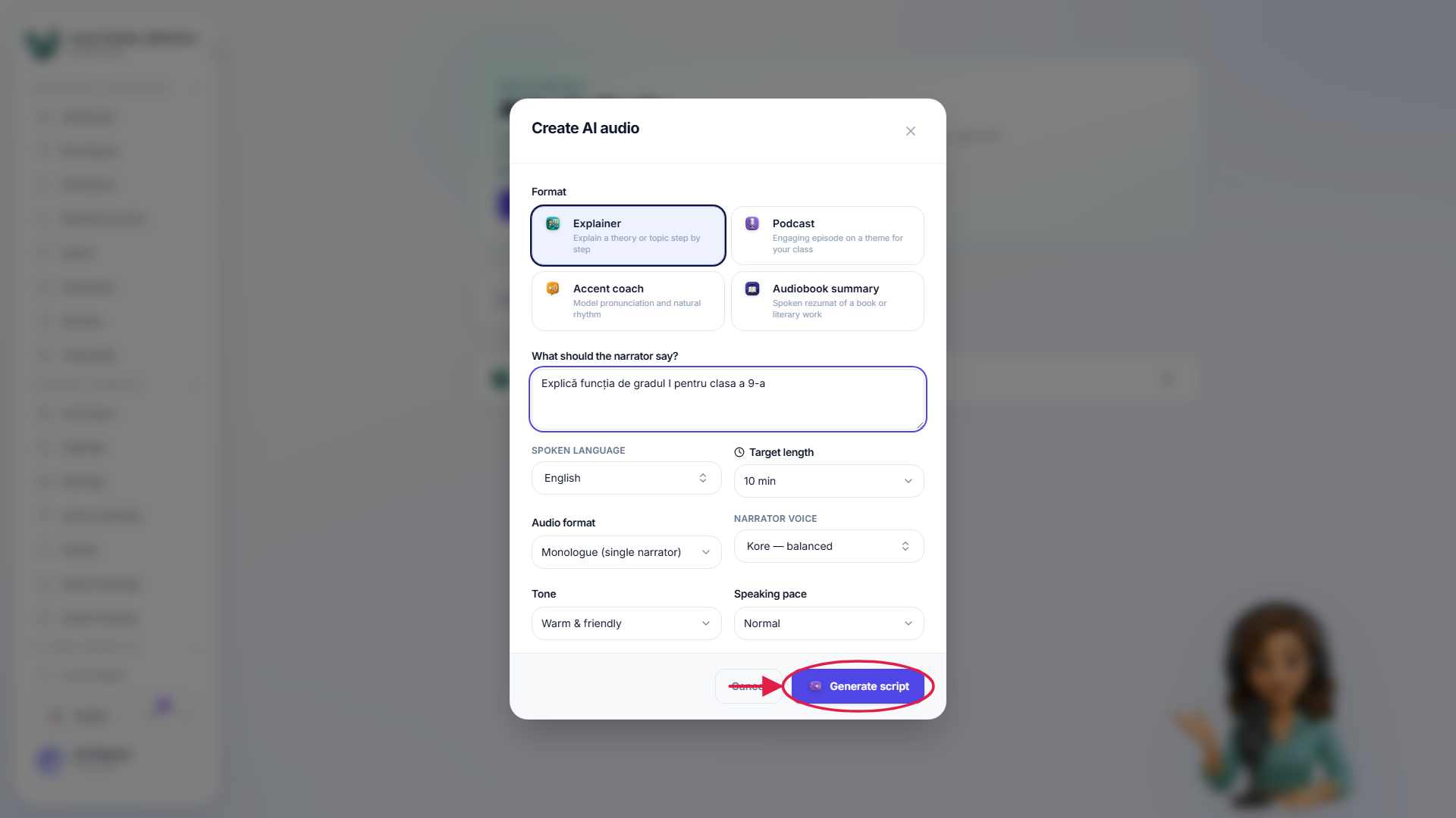 The new-audio dialog with the generate button highlighted