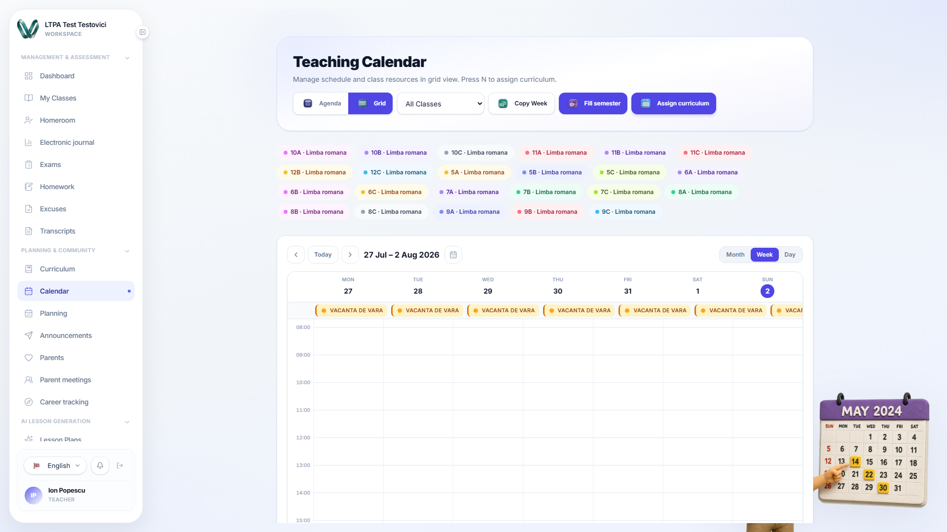 The teacher calendar in month view with scheduled lessons
