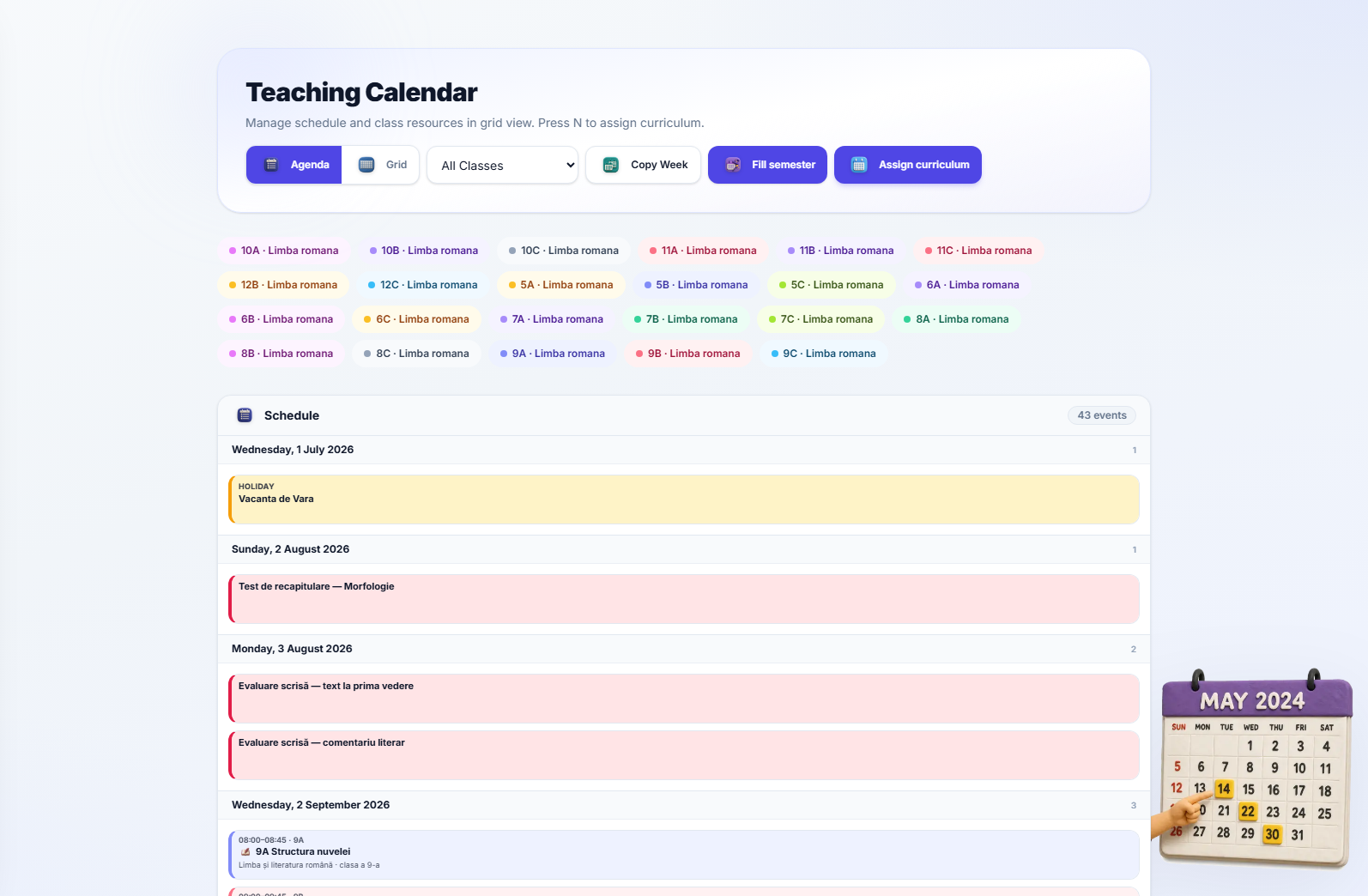 The agenda list view grouped by date, showing an event count, a holiday banner, an assessment entry, and lesson rows with their time and class.