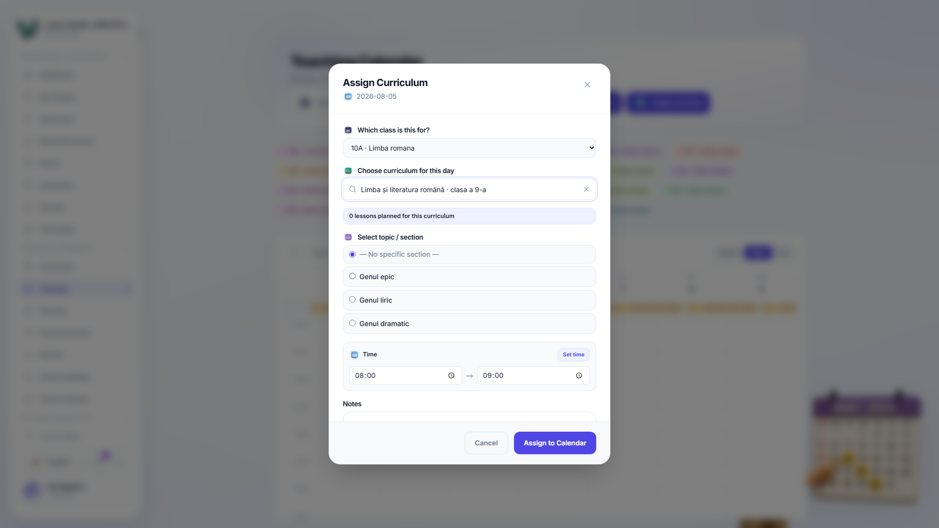 The Assign curriculum modal, with fields for the class, the curriculum to teach that day, an optional section, and the lesson's start and end time.