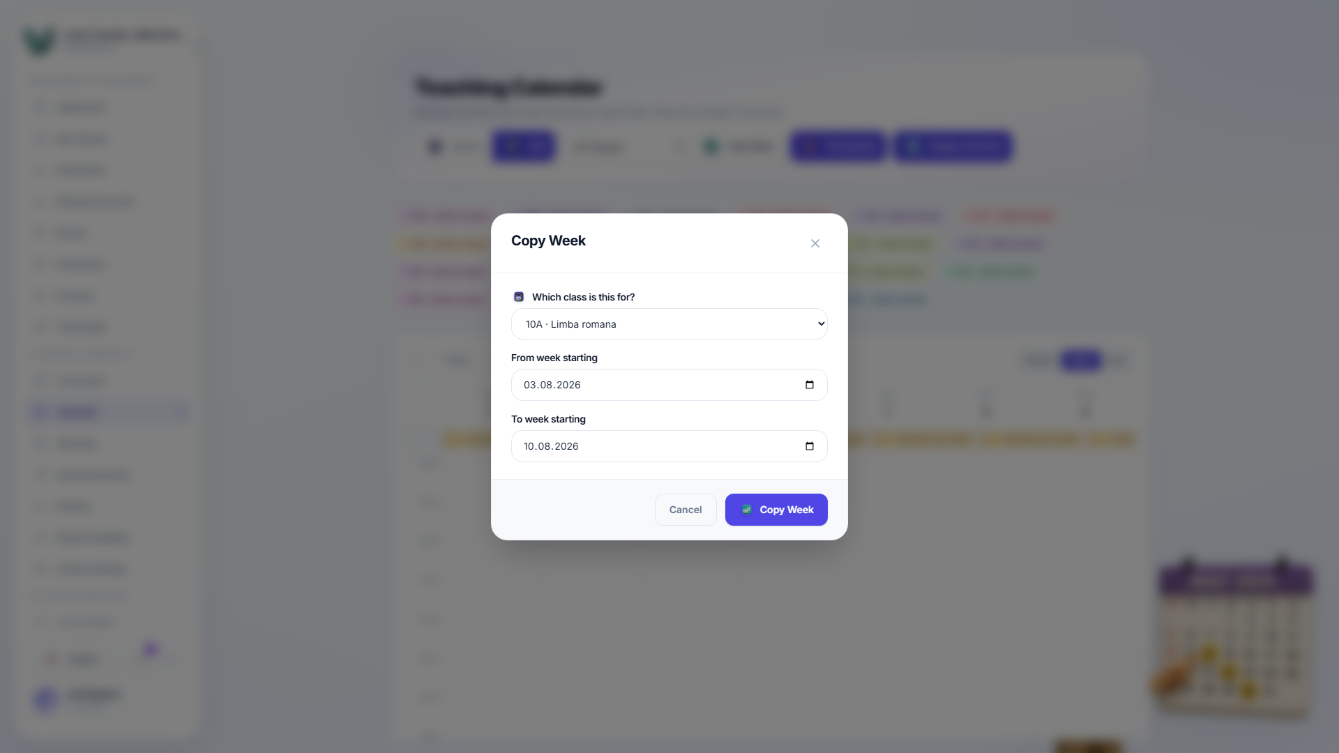 The Copy Week modal, with a class dropdown and two date fields for the week to copy from and the week to copy into.