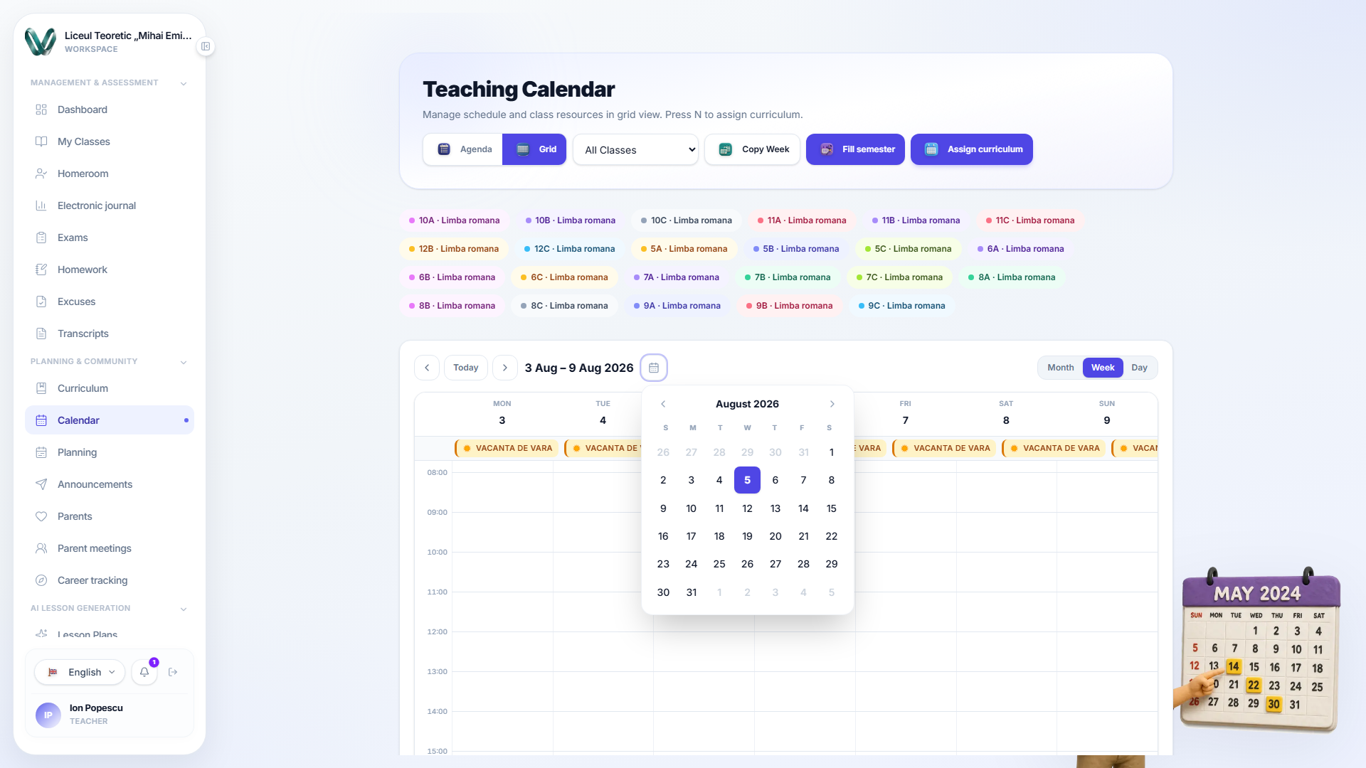 The week view with a small month calendar open below the date-range control, used to jump directly to a chosen date instead of paging week by week.