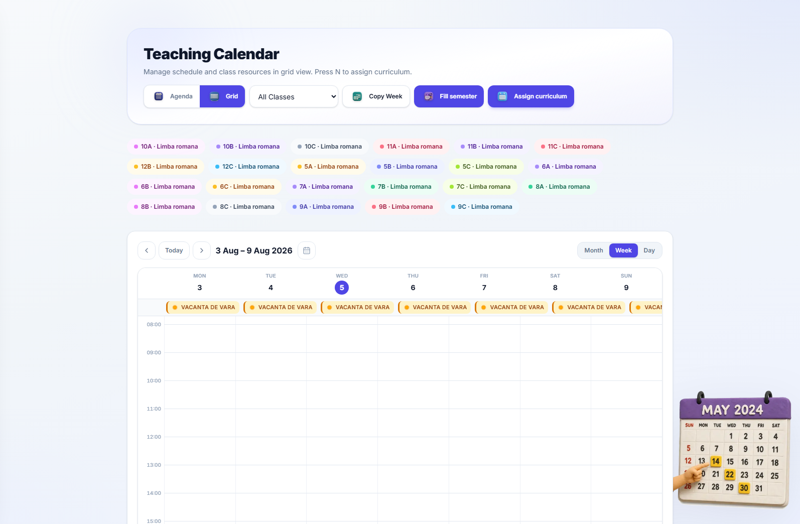 An empty week view with no lessons scheduled, showing only an all-day summer-holiday banner across every day of the week.