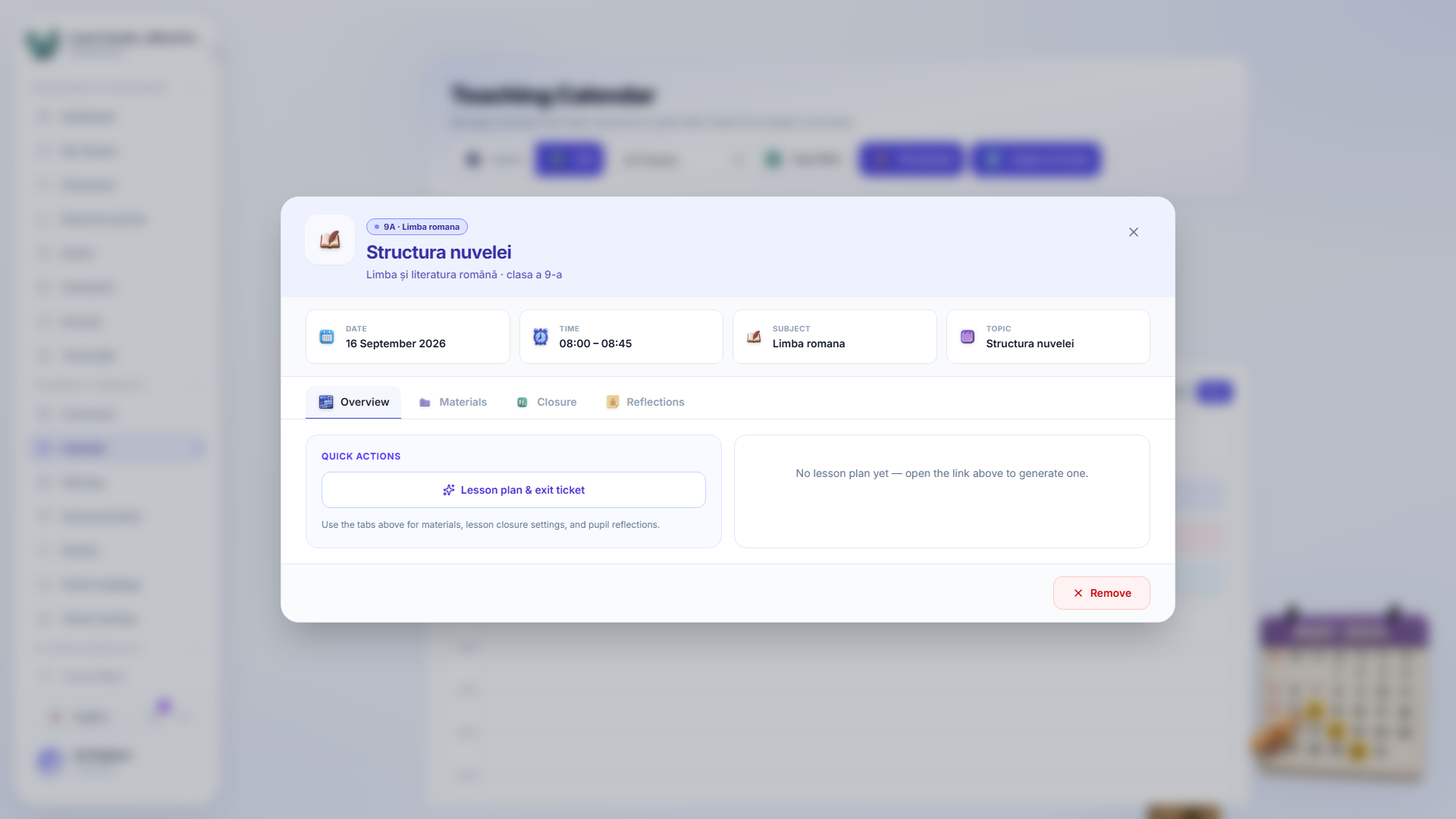 The lesson detail modal, showing the class, subject and title in the header, meta cells for date, time, subject and topic, tabs for Overview, Materials, Closure and Reflections, and a Remove button.