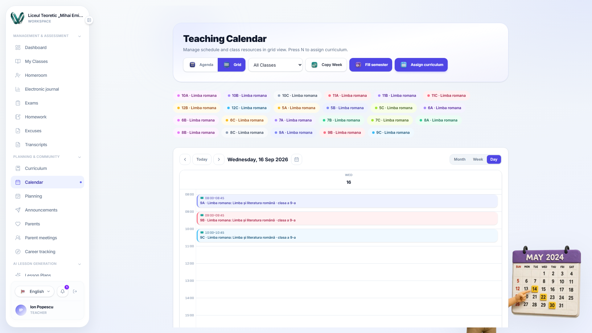 The day view showing three lessons laid out on an hour track from 08:00 to 10:45.