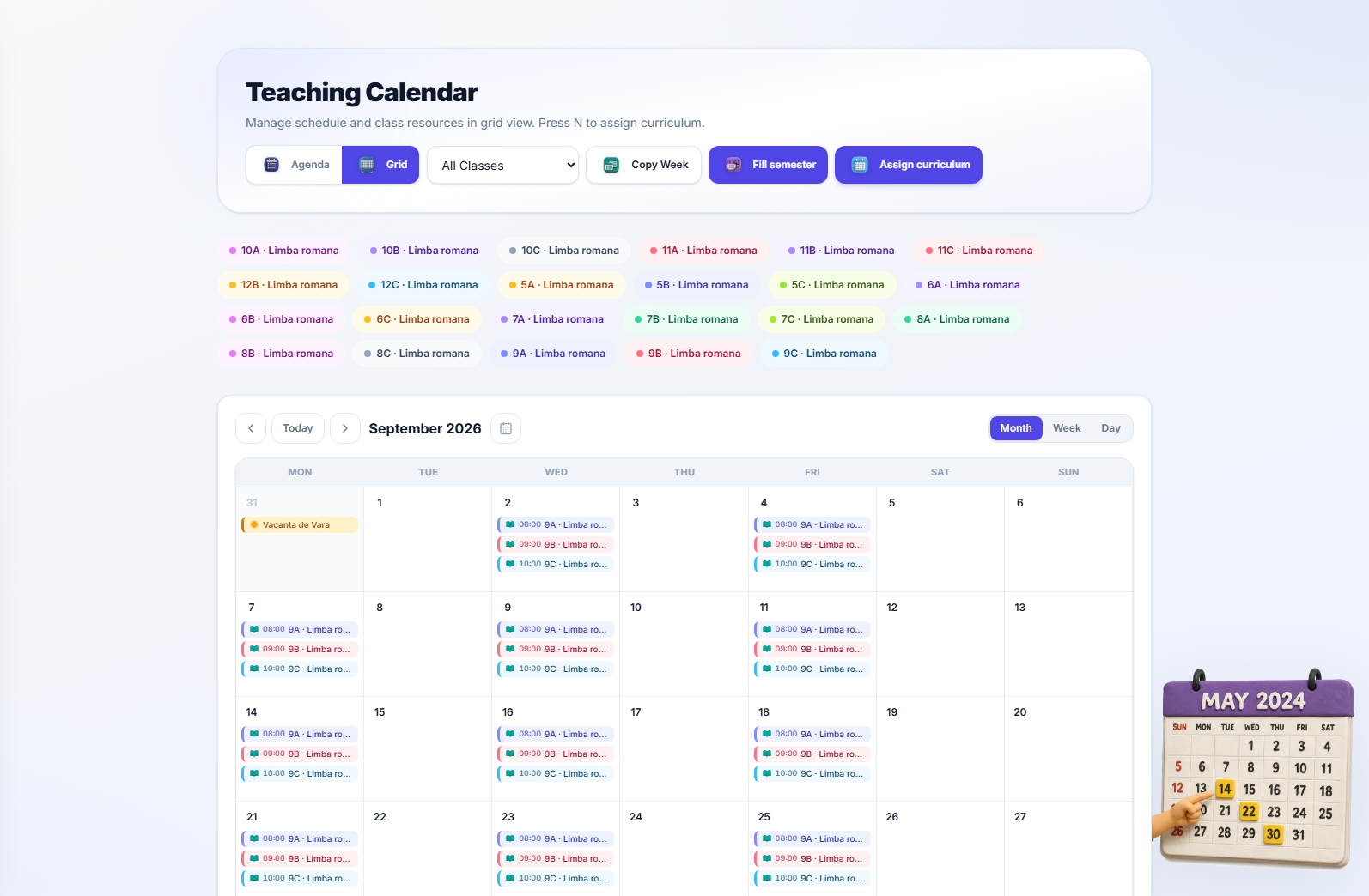 The month view, with each weekday cell showing a stack of small coloured lesson chips.