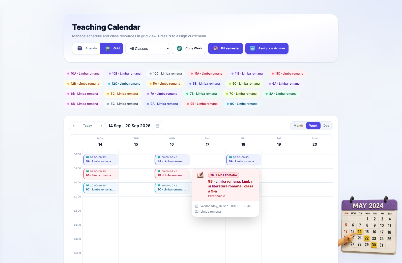 The week view with lessons placed on Monday, Wednesday and Friday, and a hover preview open on one lesson showing its title, topic, date and time.
