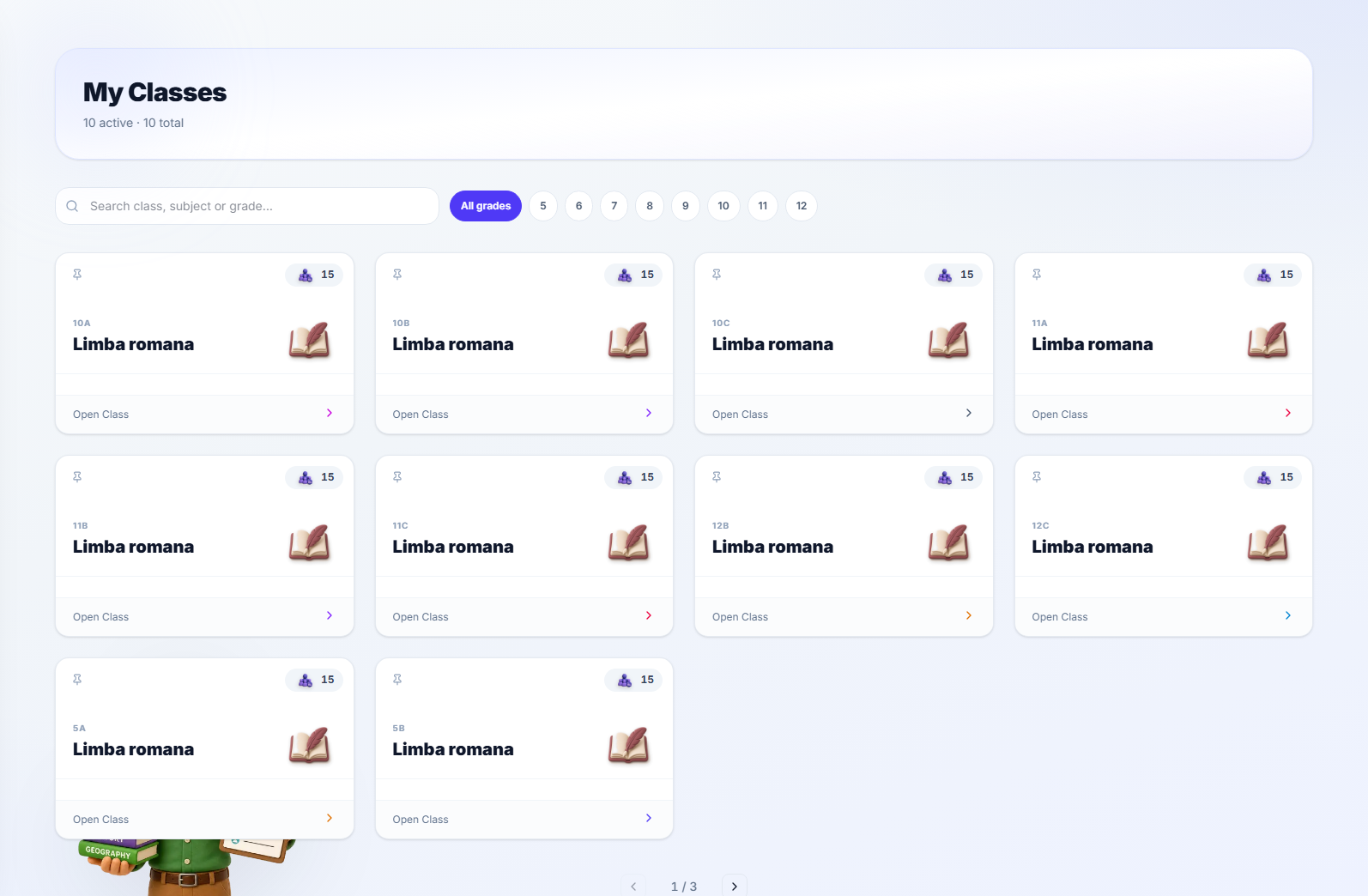 The full Classes page: a search bar, grade filter chips, and a grid of class cards each showing the class name, subject, pupil count and a pin icon