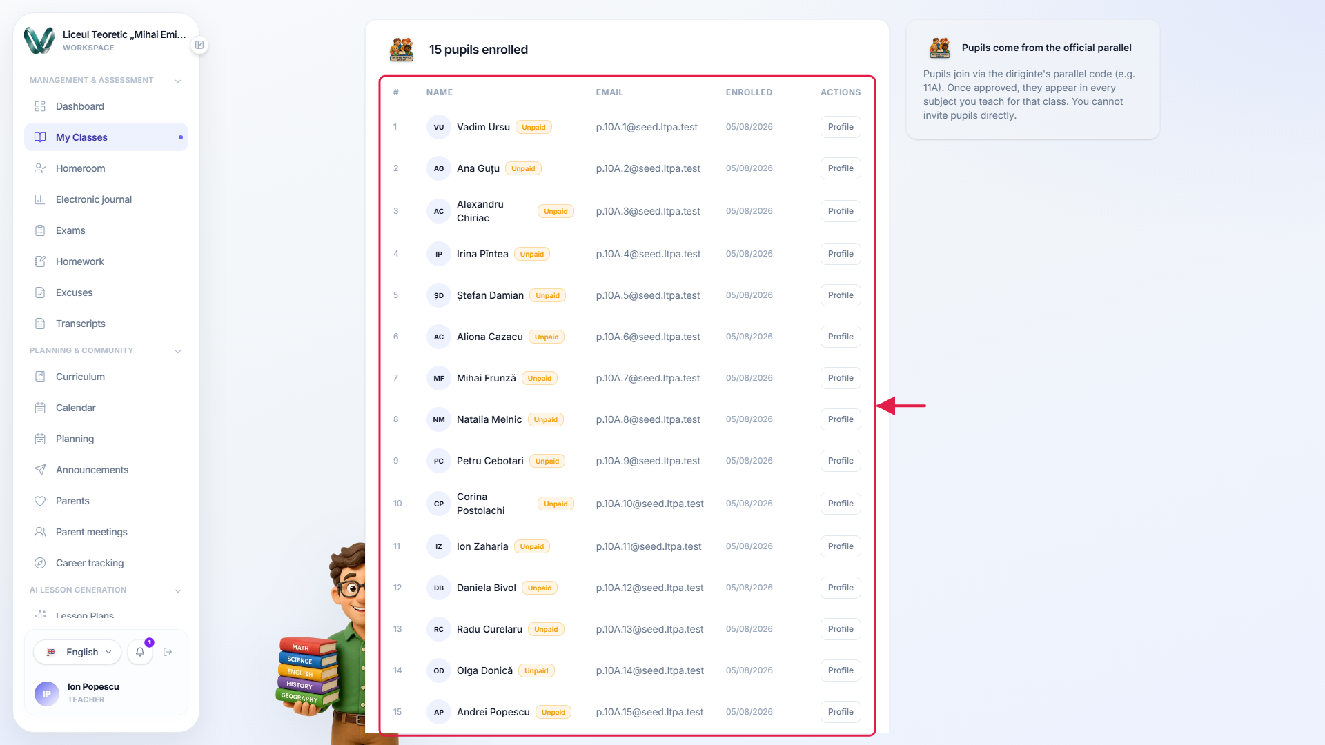 The class's pupil roster table listing each pupil's name, payment-status badge, email, enrollment date and a Profile button, next to a note explaining that pupils join with the parallel's class code
