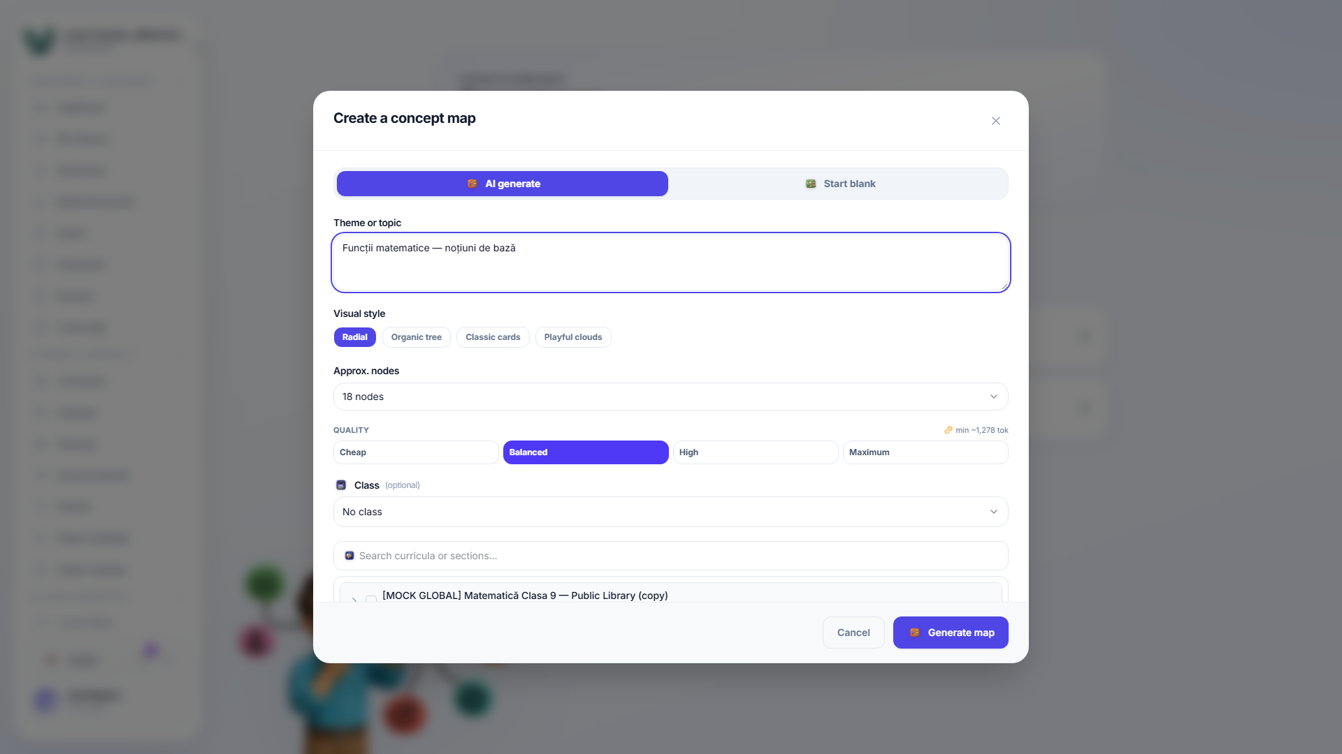 The new-concept-map dialog in AI mode