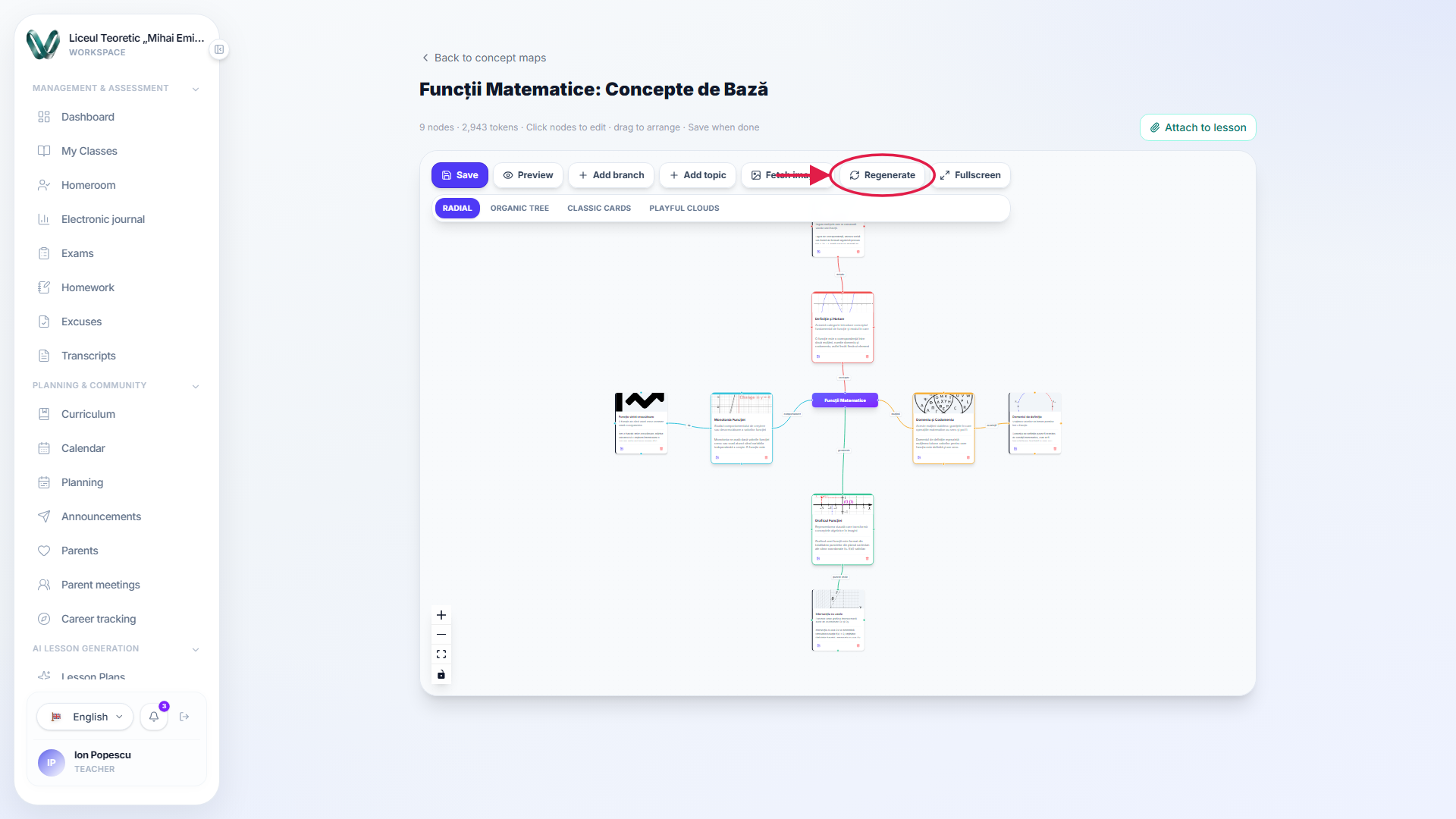 A concept map with the regenerate button highlighted