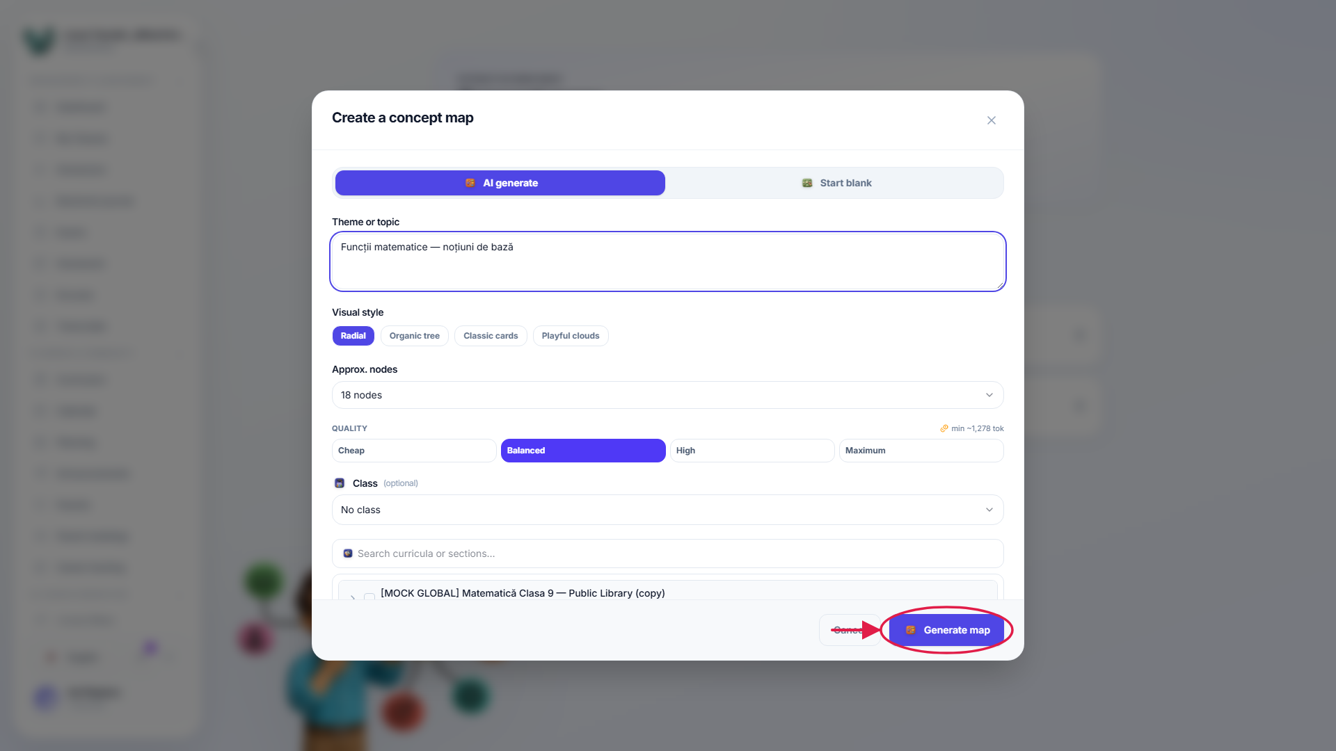 The new-concept-map dialog with the generate button highlighted