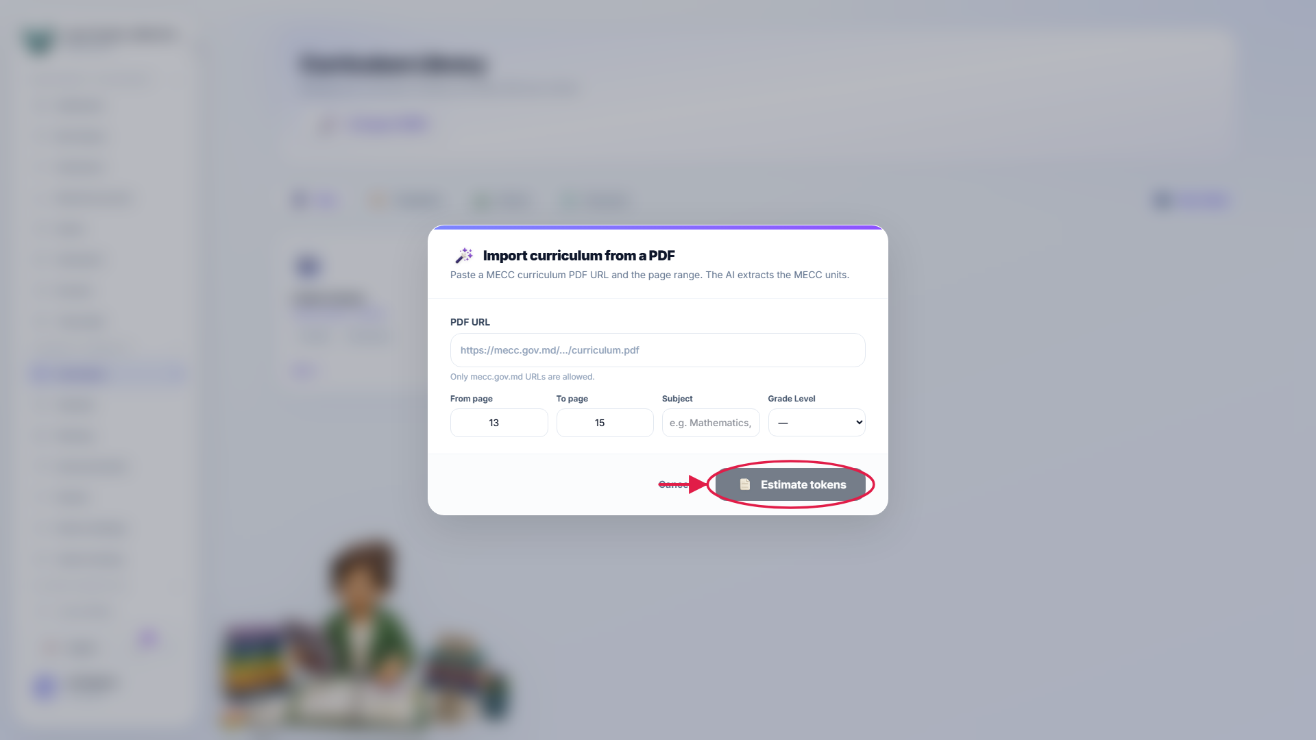 The AI import dialog showing the token estimate, with the import button highlighted