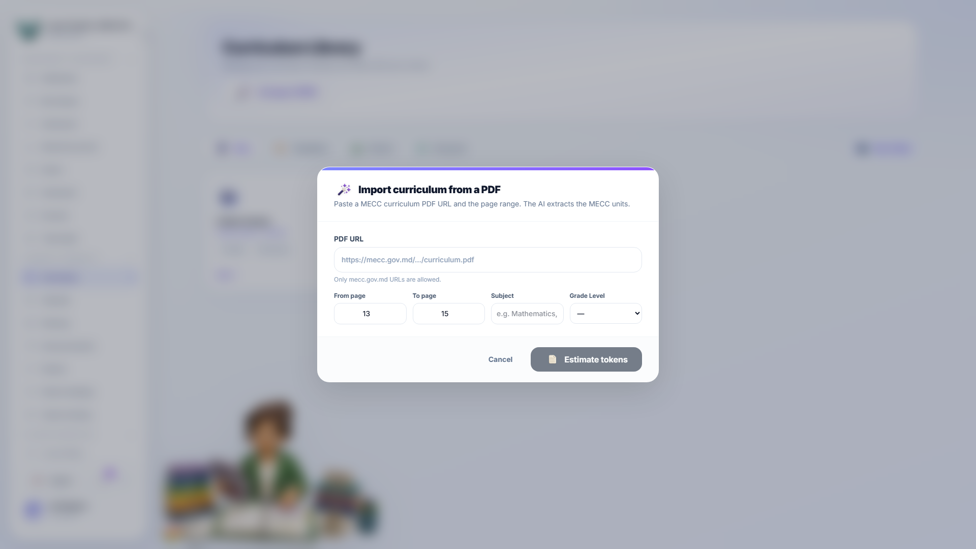 The AI import dialog — the PDF link, page range, subject, grade and profile