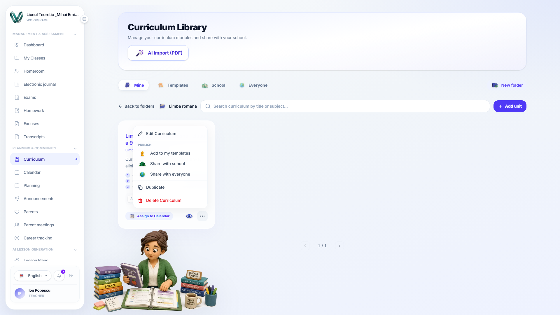 The actions menu on a curriculum card